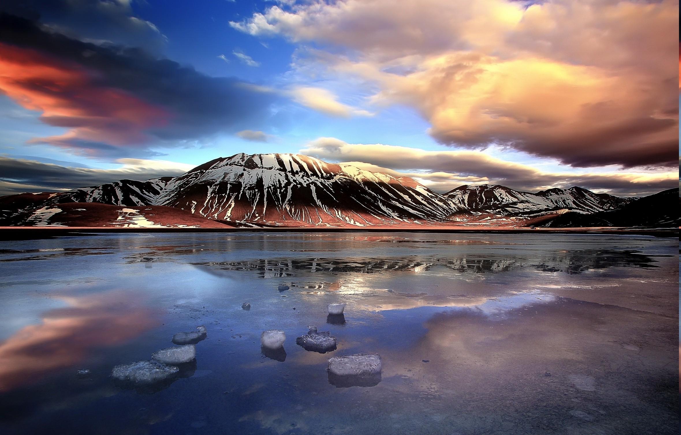 Italy, Mountain, Clouds, Lake, Winter, Ice, Sunset, Snowy Peak