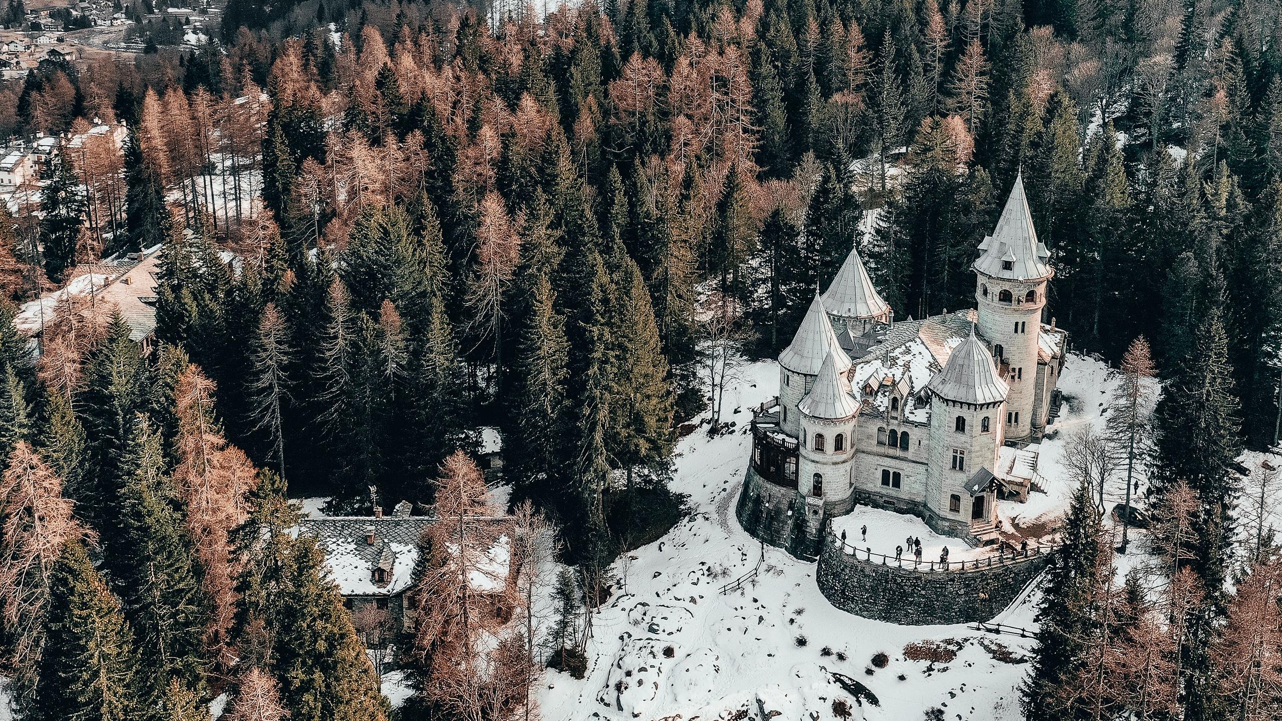 Download wallpaper 2560x1440 castle, aerial view, winter, snow