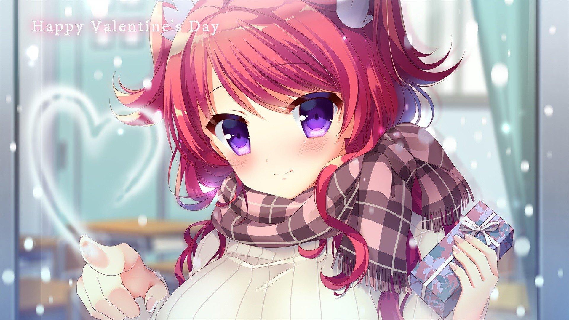 Valentine, Anime girls, Anime, Redhead, Purple eyes, Original