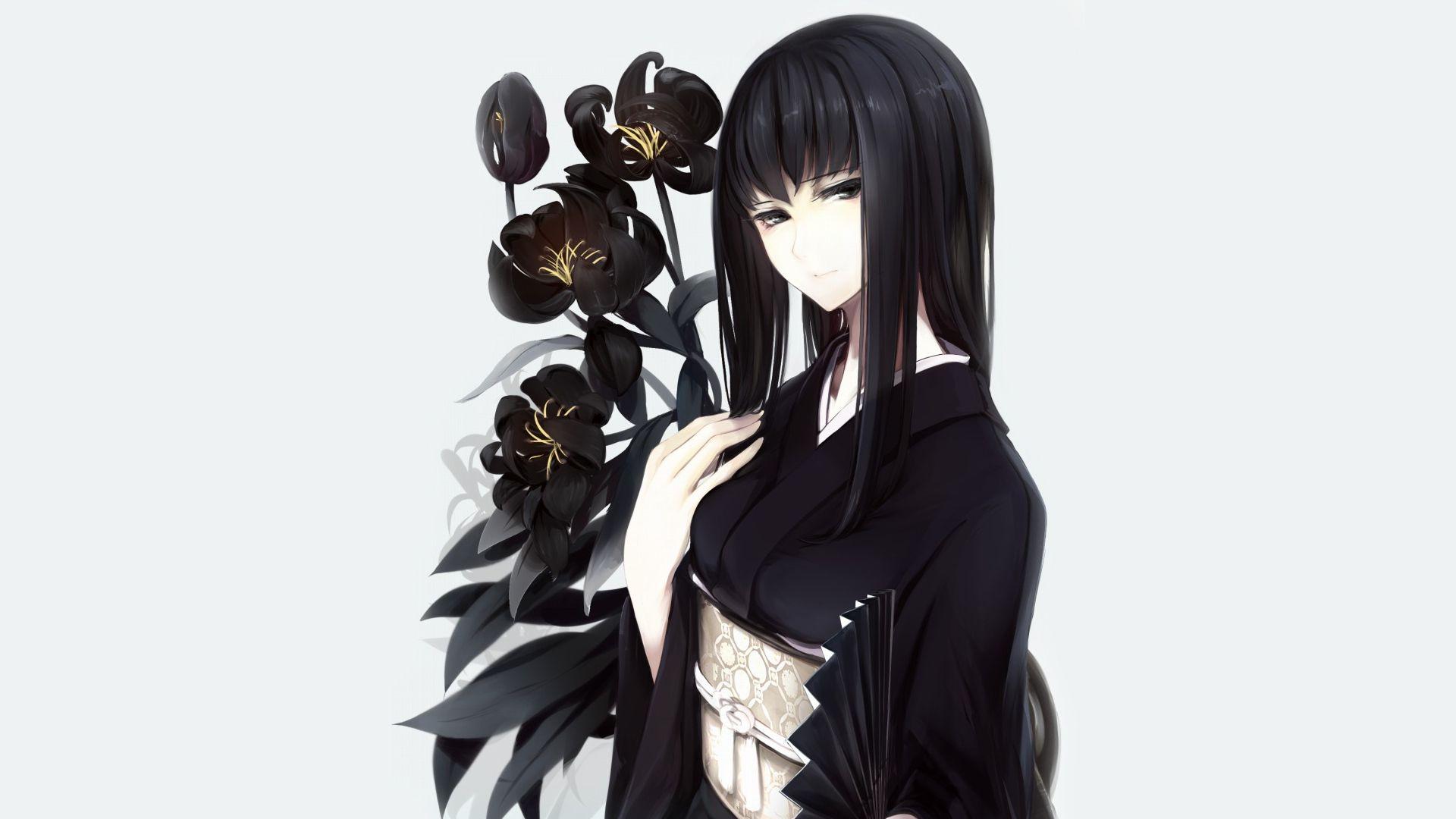 Wallpaper girl, kimono, irises, anime. Anime, Black