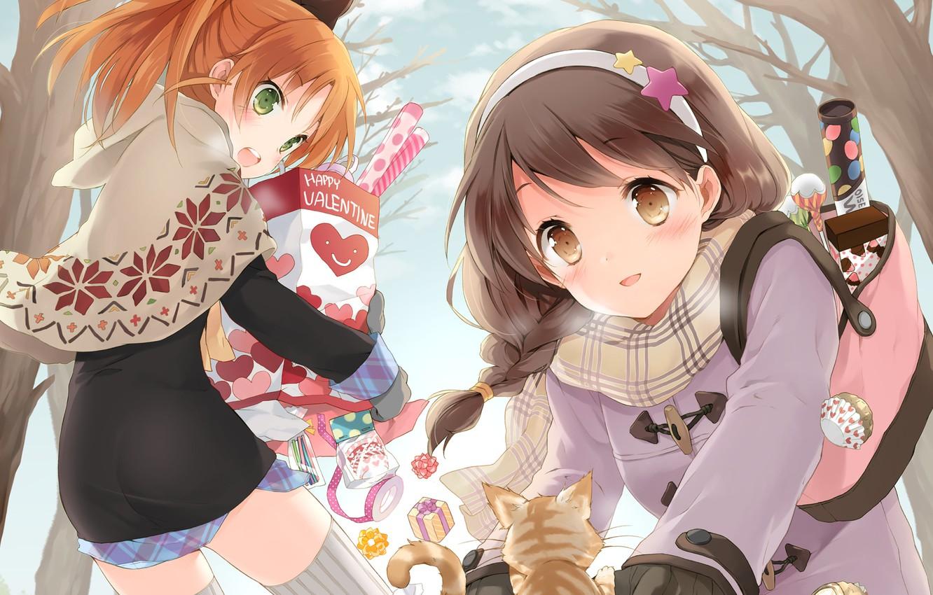 Wallpaper forest, cat, girl, trees, anime, sweets, cake, neko