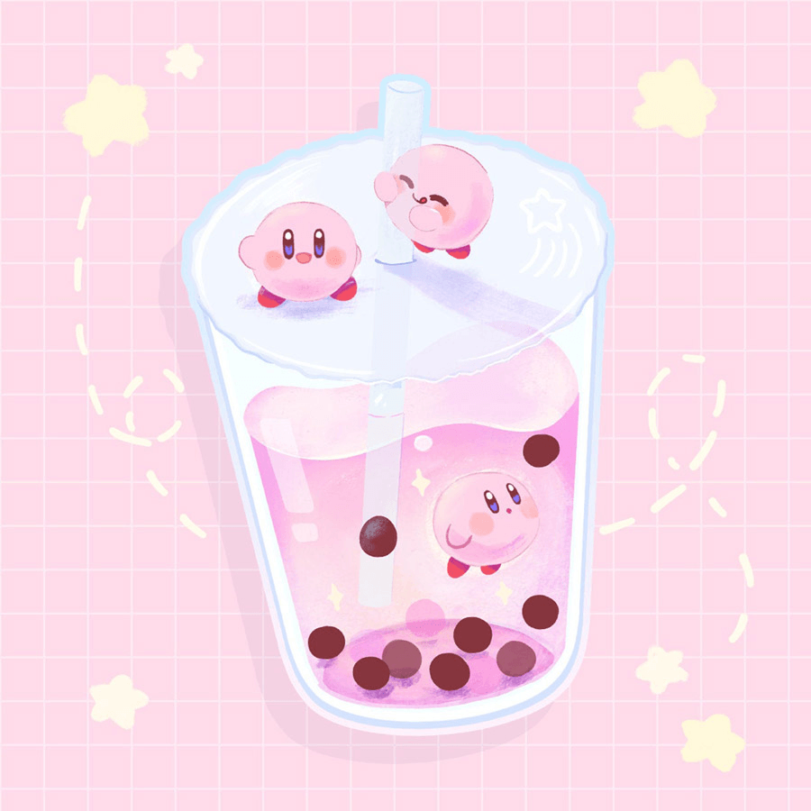 Kawaii Kirby bubble tea sticker. Kawaii wallpaper