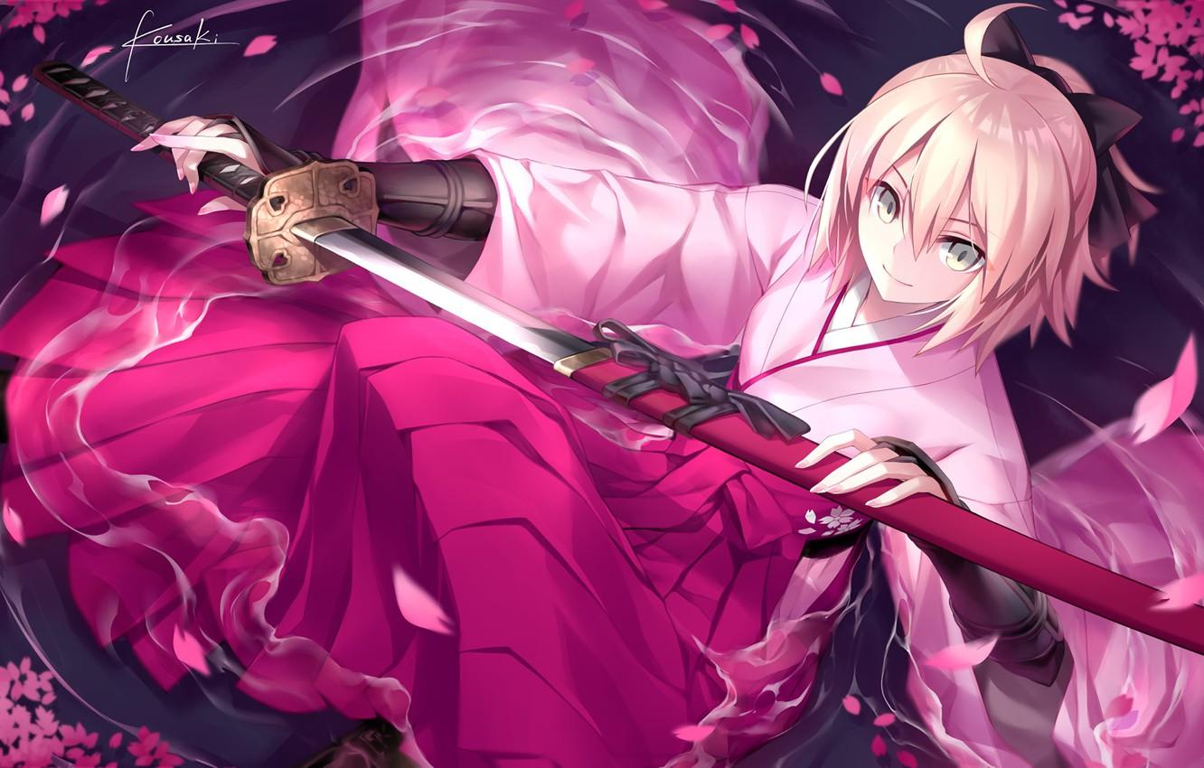 Wallpaper girl, weapons, sword, kimono, sitting, saber, fate stay
