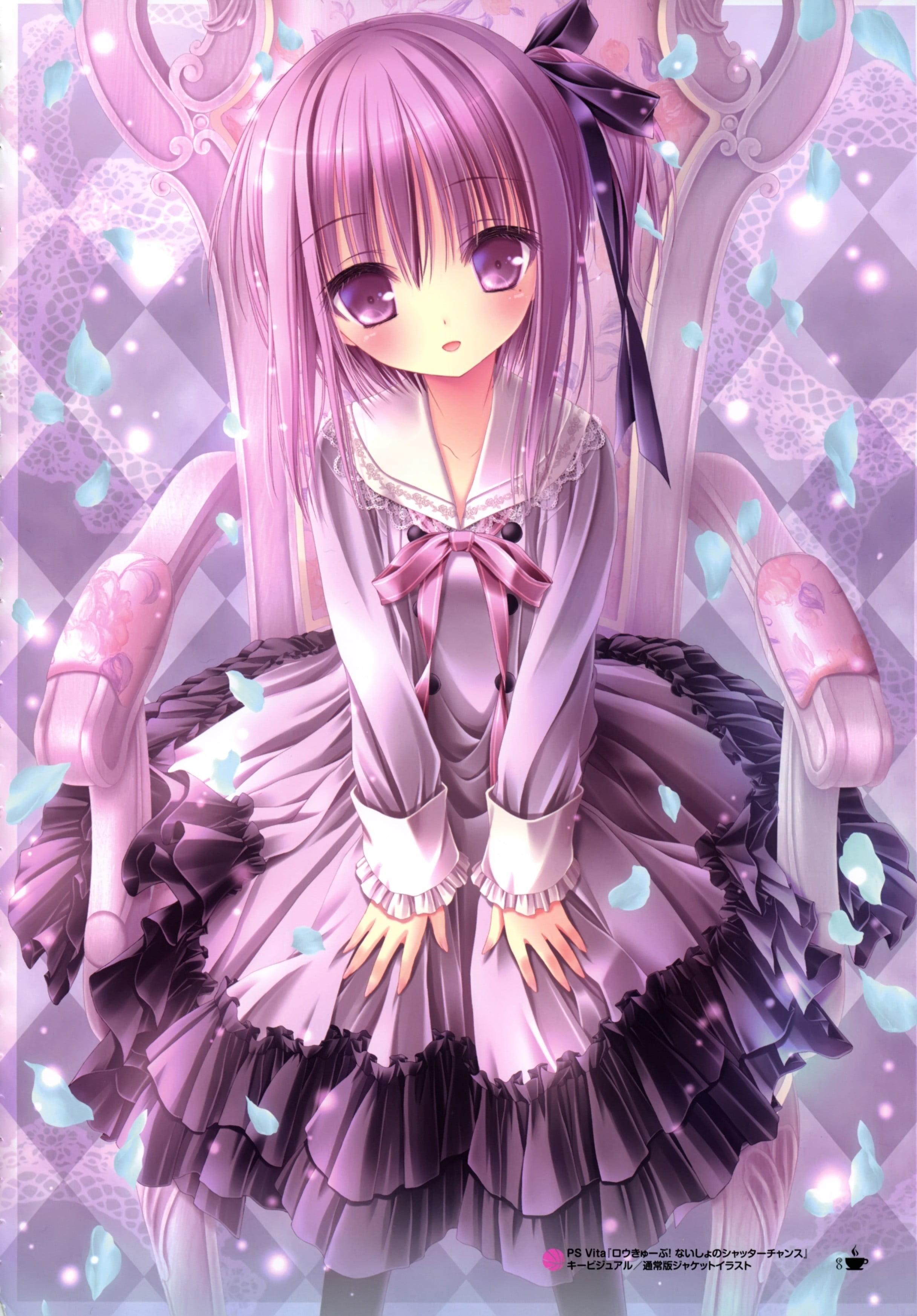 Female anime in purple dress illustration HD wallpaper. Wallpaper