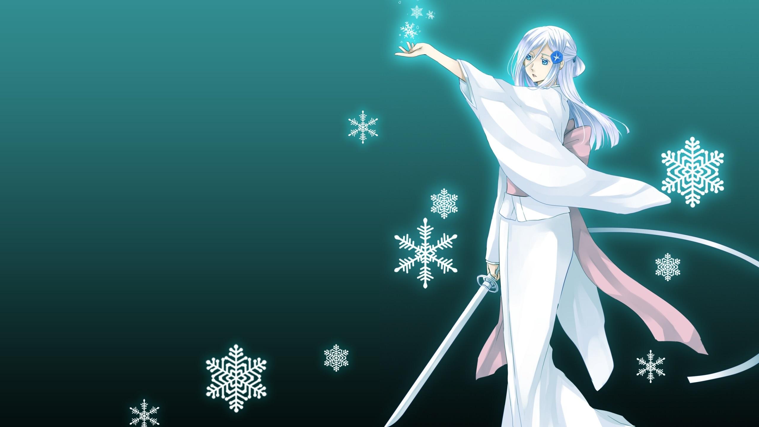 Wallpaper White hair anime girl, kimono, sword, snowflakes