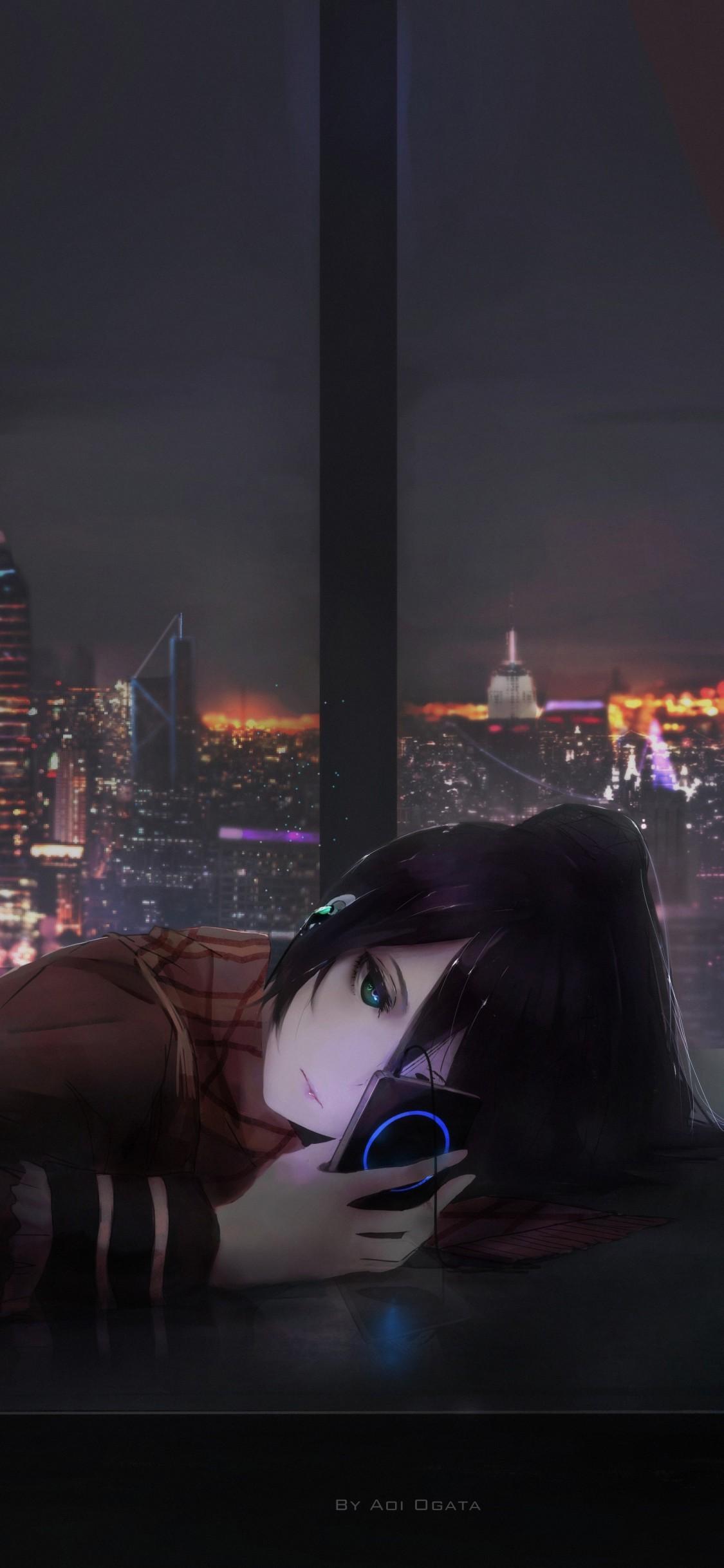 Download 1125x2436 Anime Girl, Depressed, Cityscape, Music, Scarf