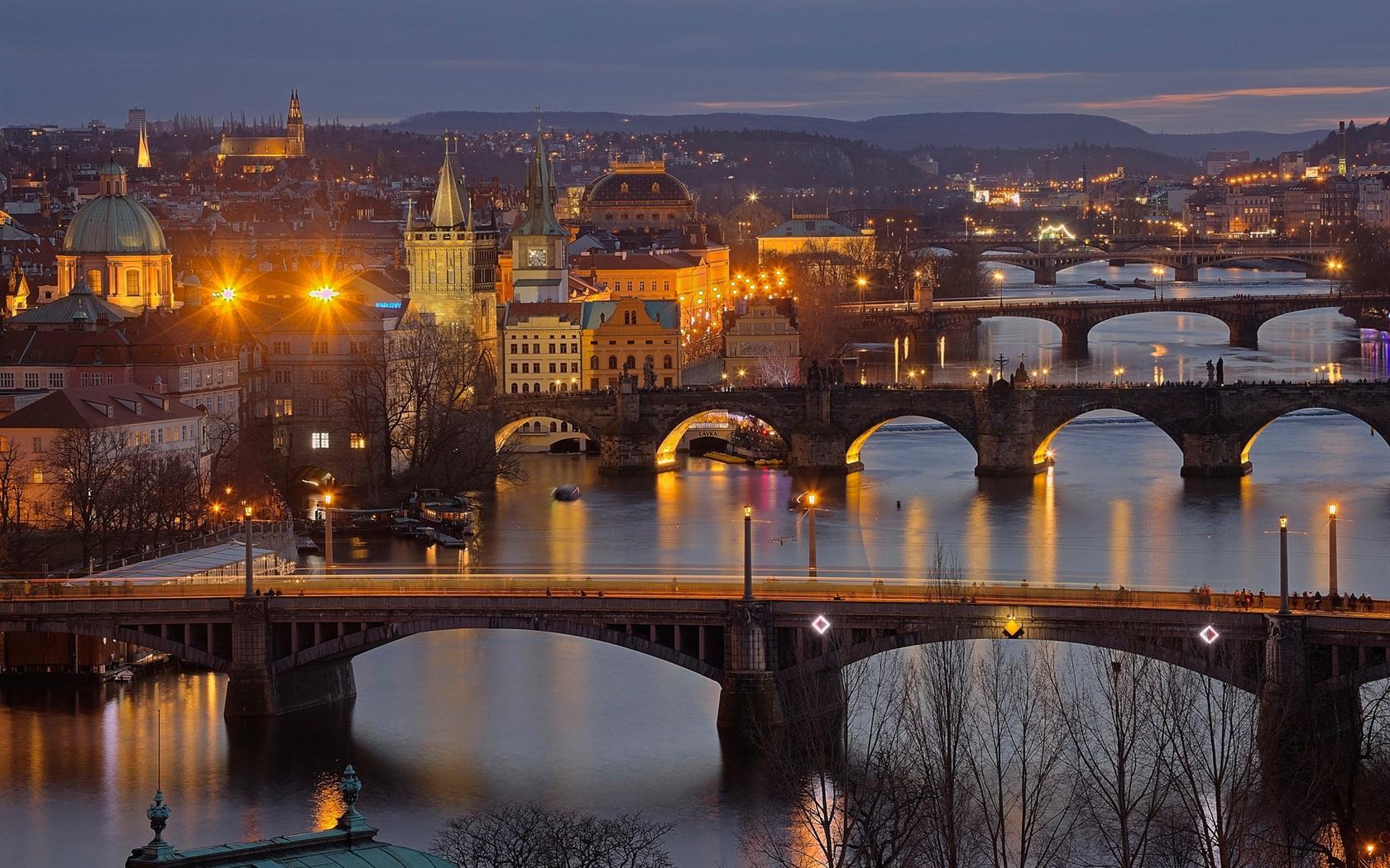 Wallpaper Vltava, Czech Republic, Prague, night, bridges, river