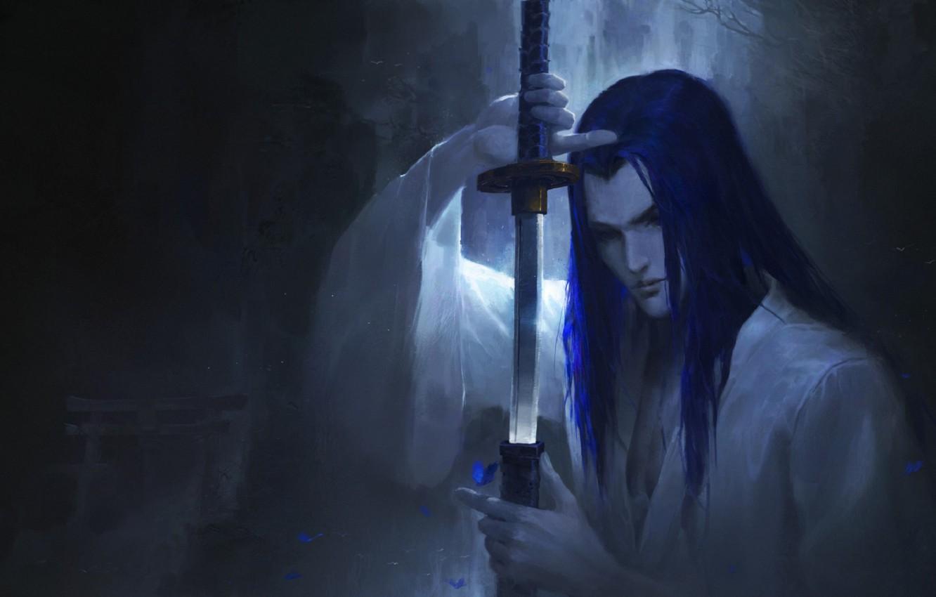Wallpaper katana, samurai, long hair, sheath, in the dark,