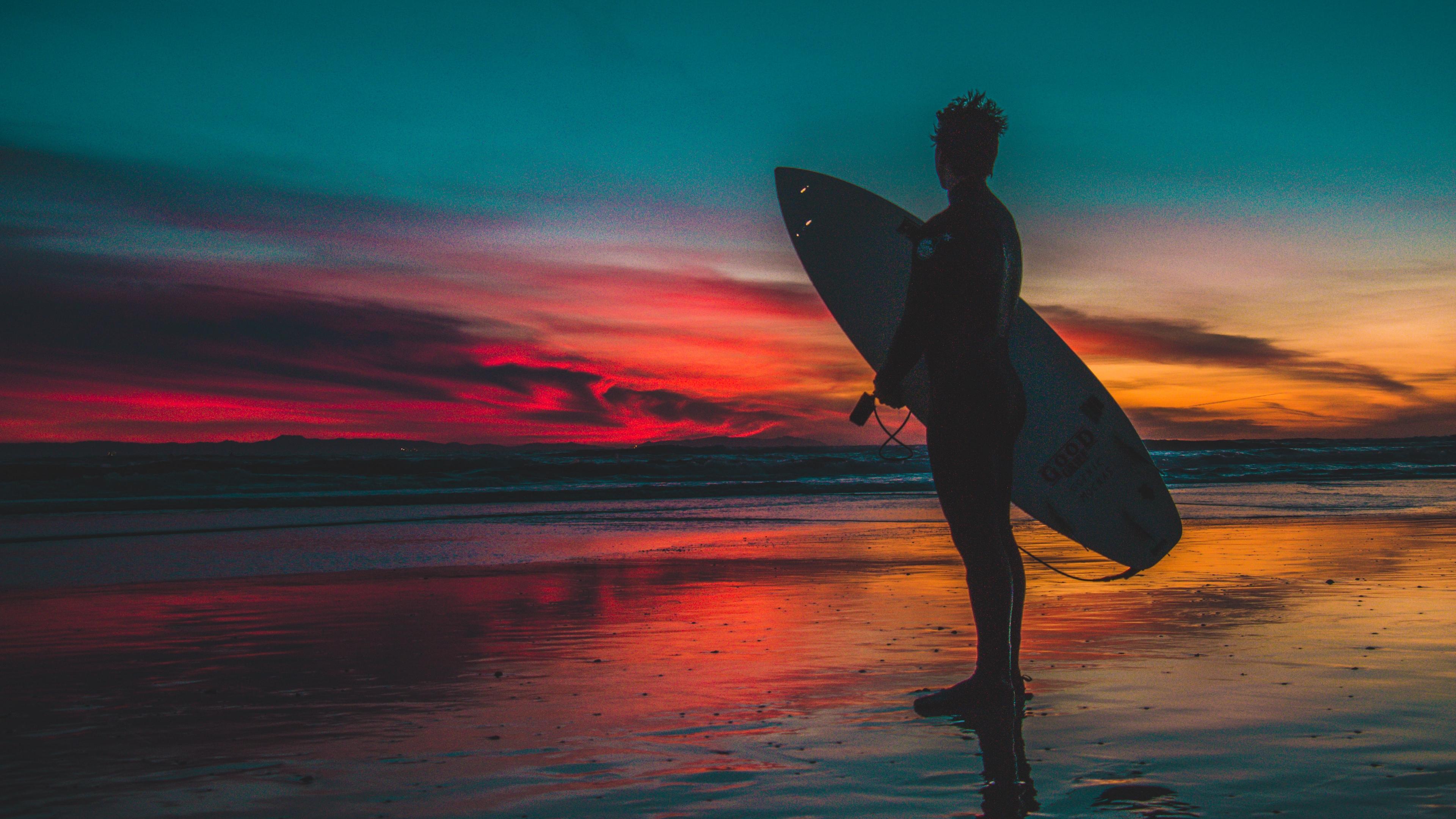 Wallpaper 4k surfer, surfing, shore, sunset, twilight 4k Shore