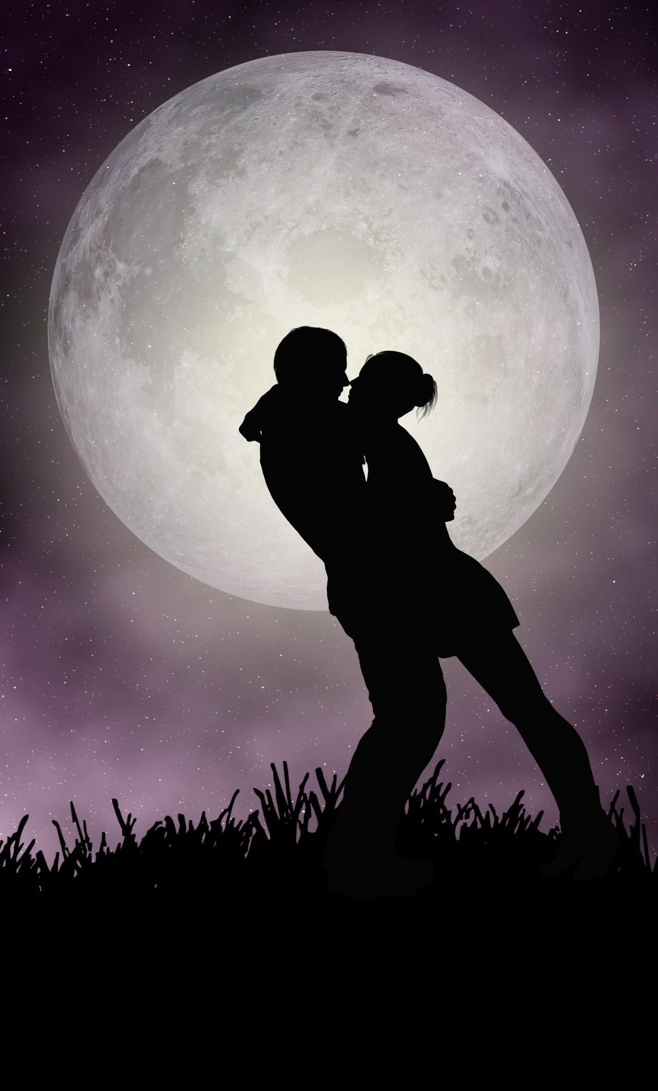 Download Moon, romantic couple, silhouette, art wallpapers