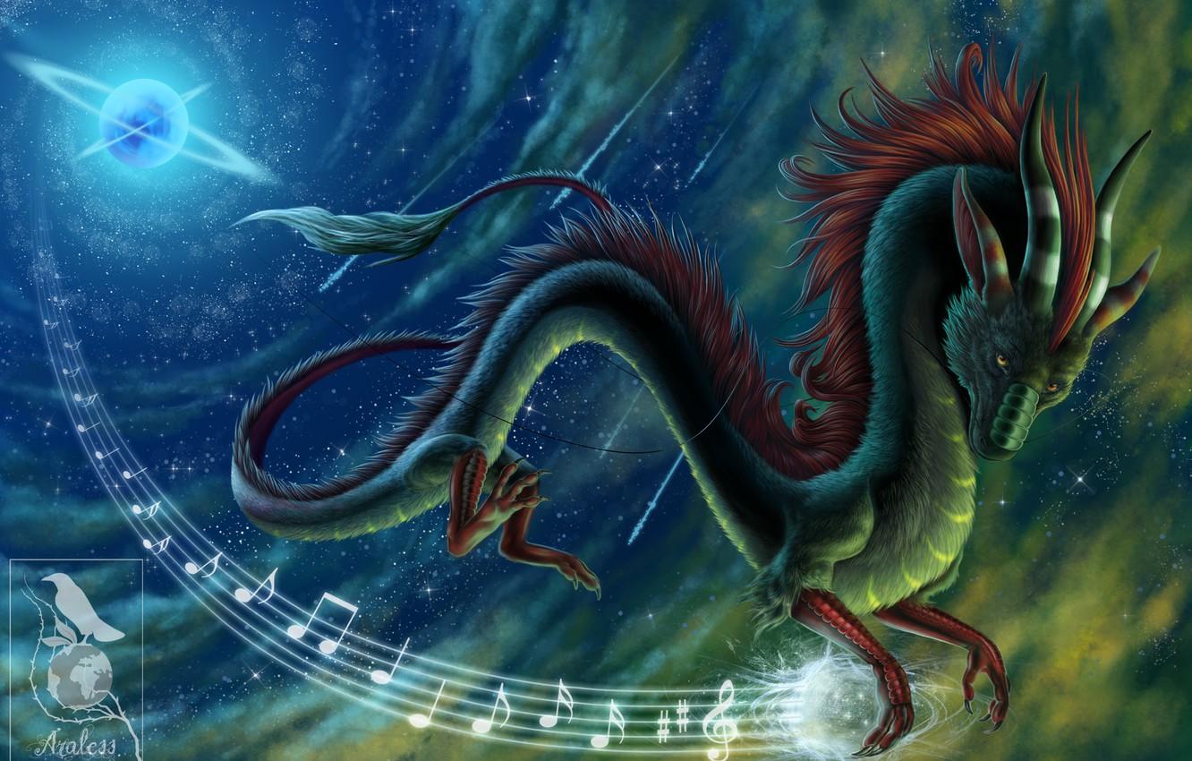 Wallpaper stars, night, notes, music, dragon, Chinese dragon, Eastern dragon image for desktop, section фантастика