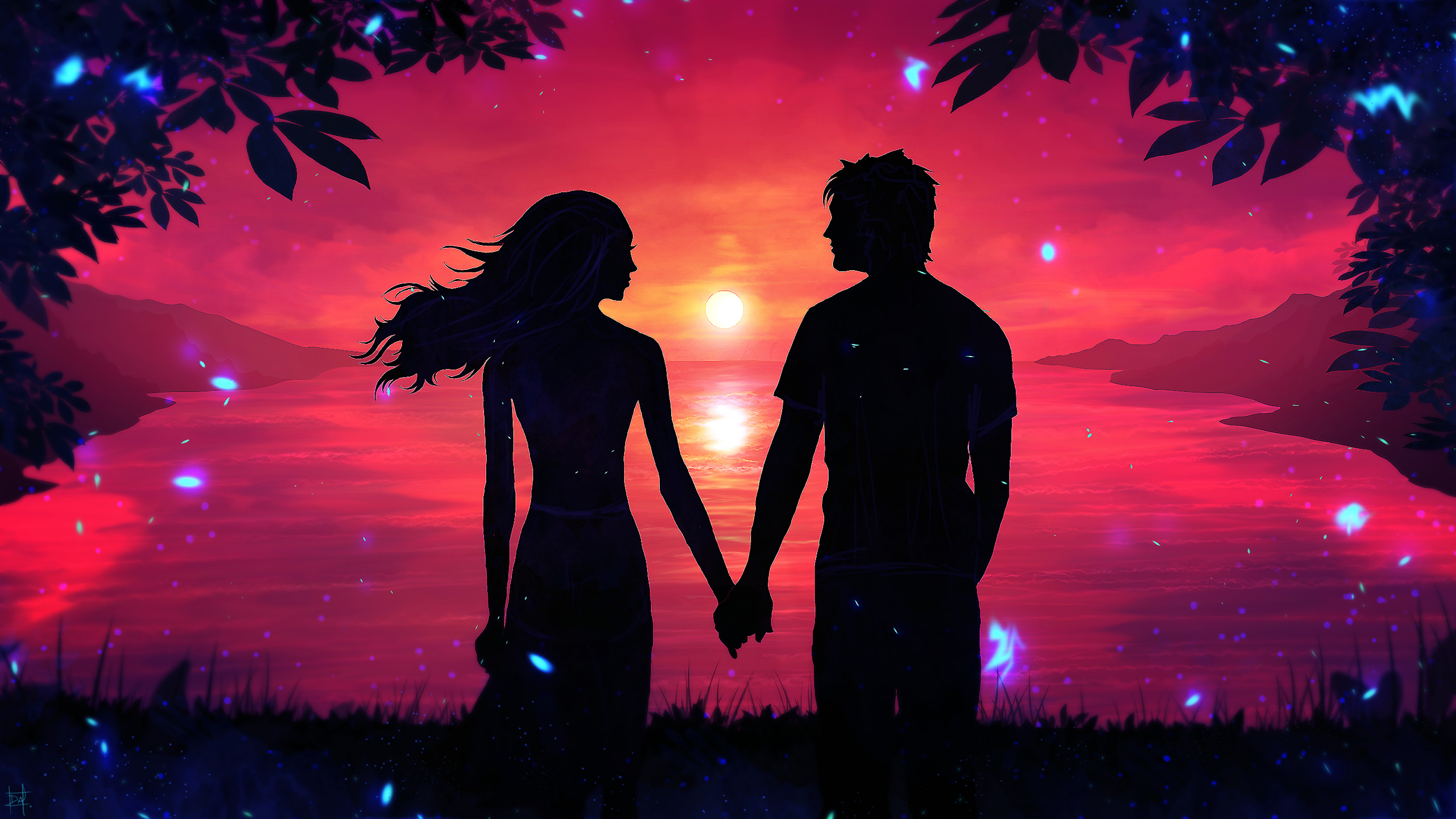 Romantic Couple Sunset Silhouette Wallpaper