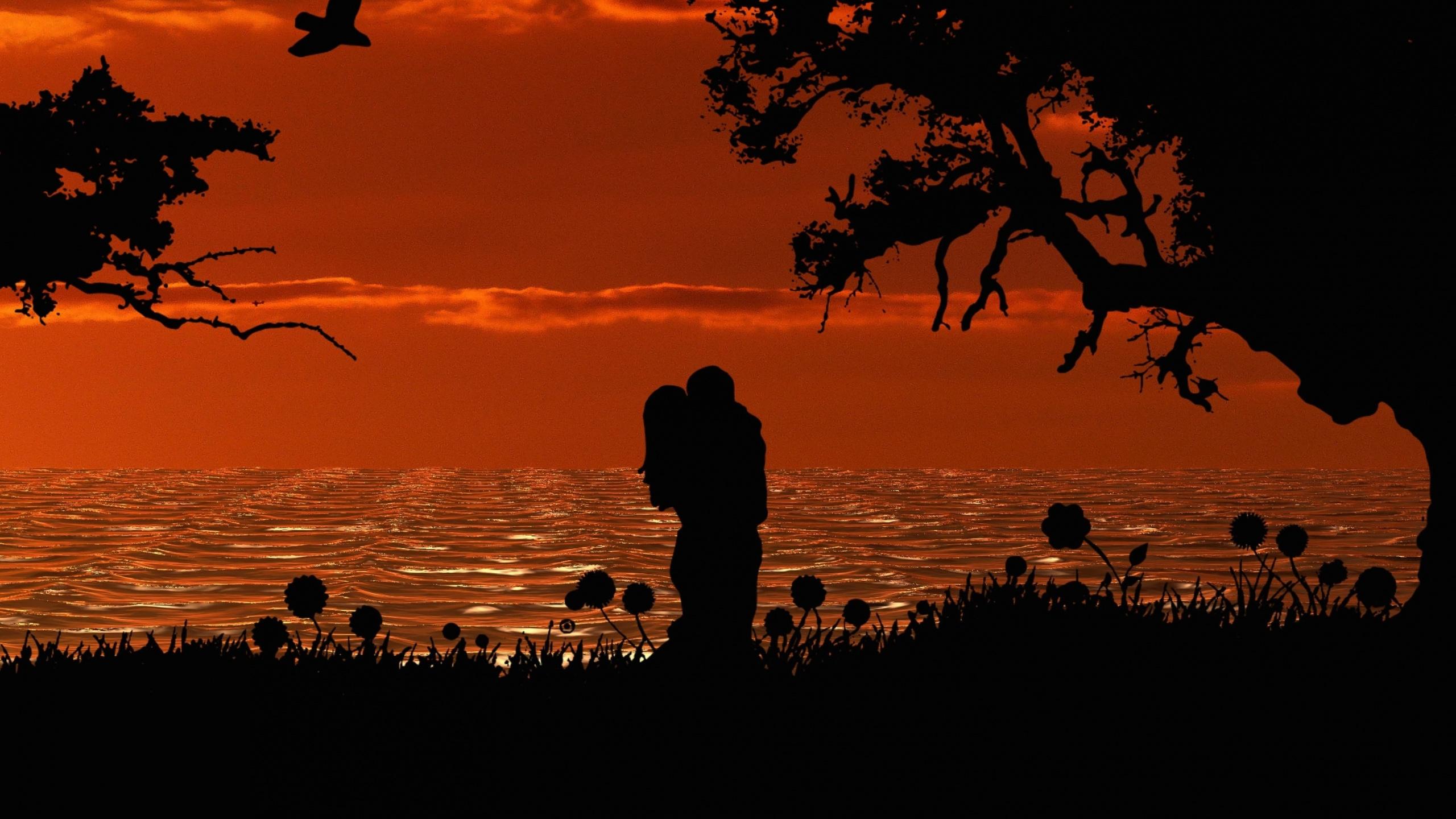 Download 2560x1440 wallpaper romantic, couple, silhouette, sunset
