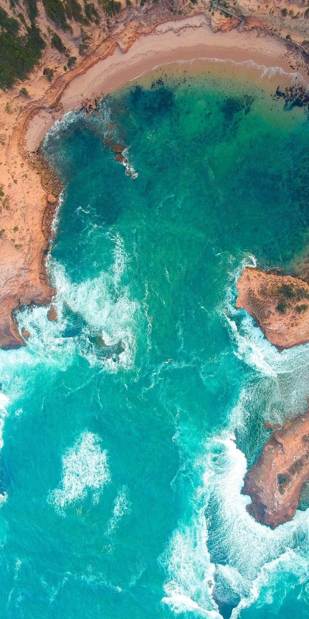 Sea, aerial view, coast, surf, 1080x2160 wallpaper. View