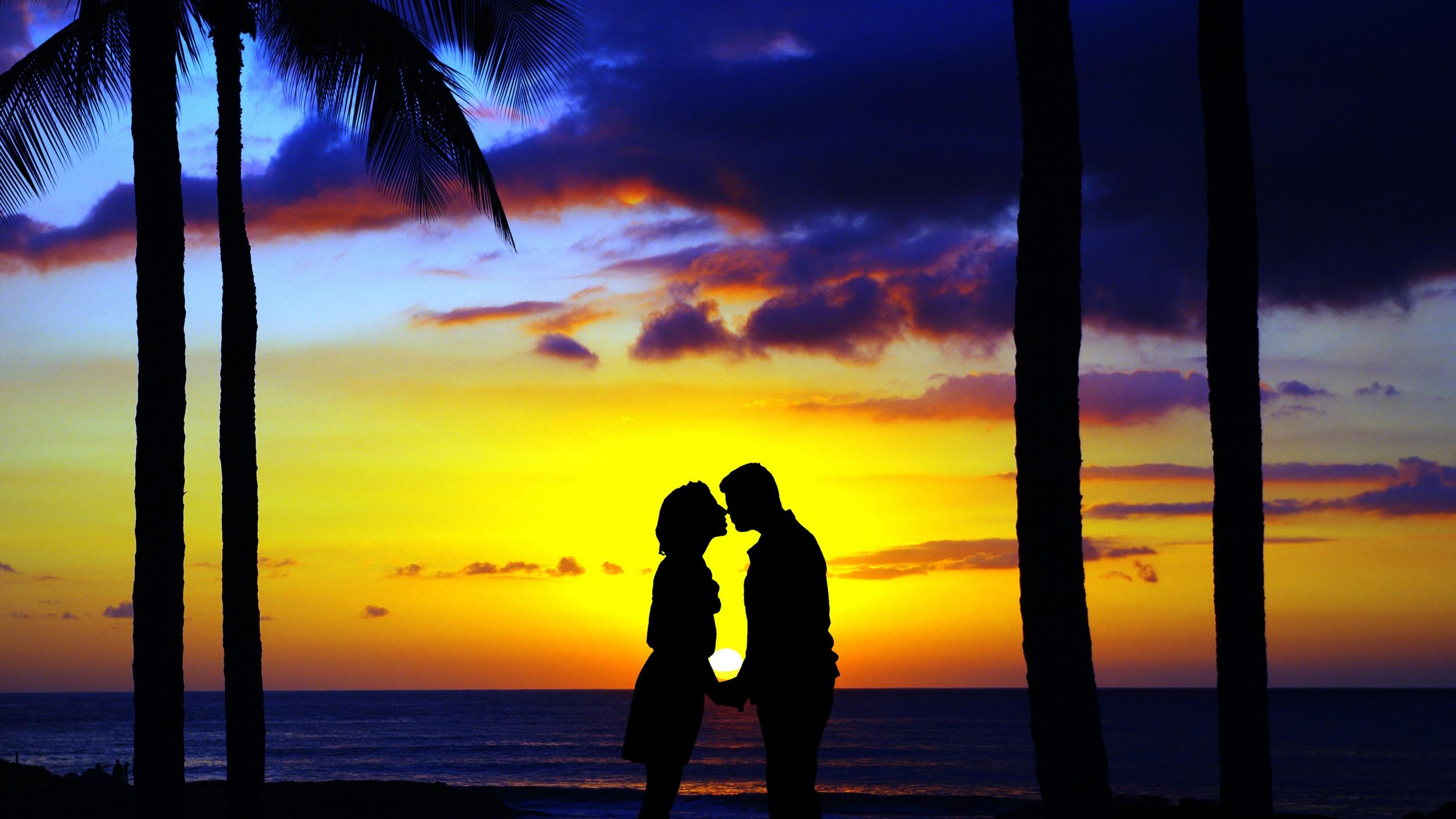 Download Kiss, couple, beach, sunset, silhouette, art wallpaper