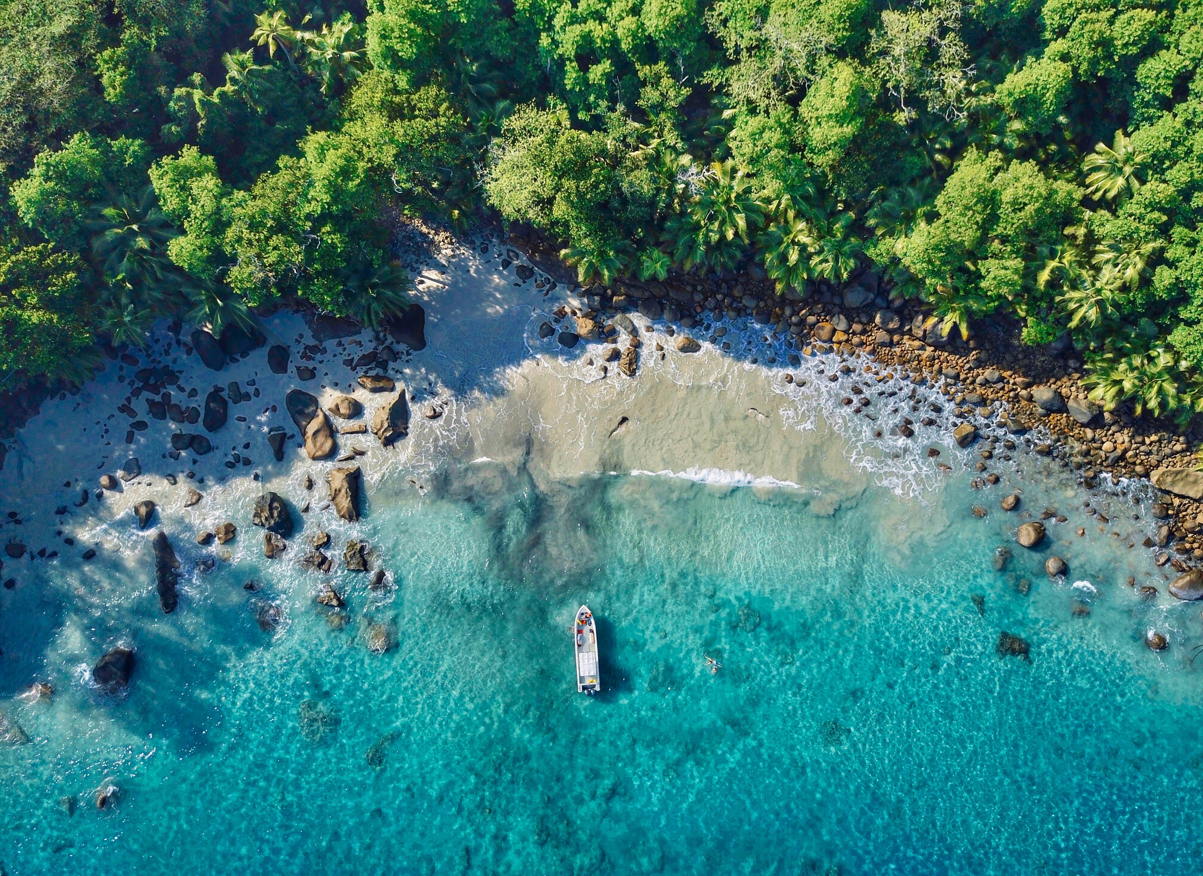 Wallpaper Beach, Aerial view, Silhouette Island, Seychelles, 4K
