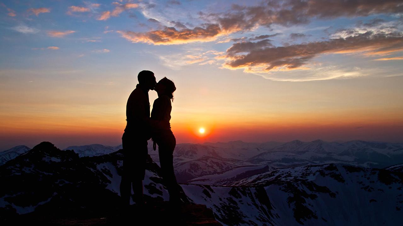 Wallpaper Man lovers silhouettes Two Girls Nature Mountains Sky