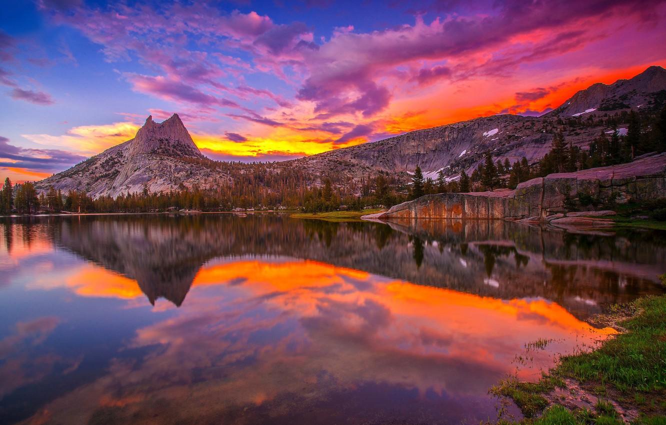 Wallpaper sunset, mountains, lake, reflection, USA, Yosemite
