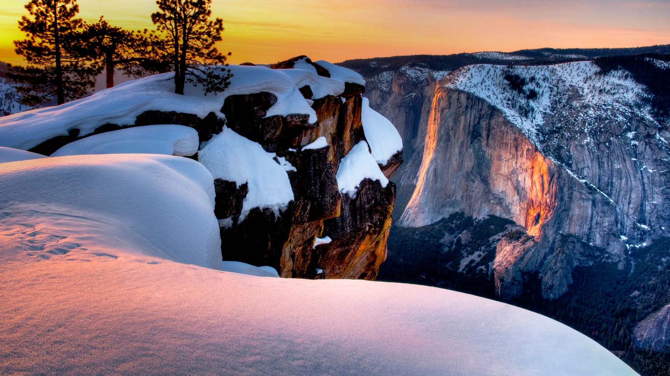 Horsetail Fall at sunset seen from Taft Point, Yosemite National