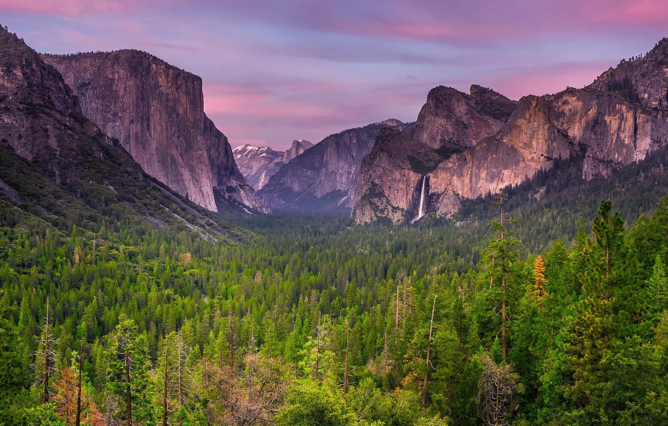 Wallpaper forest, the sky, clouds, trees, sunset, mountains, spring, the evening, CA, April, USA, Yosemite national Park image for desktop, section пейзажи