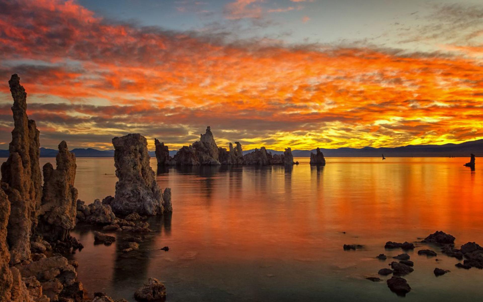 Sunset At Mono Lake South Tufa Karptesti Towers In Lake Orange Sky