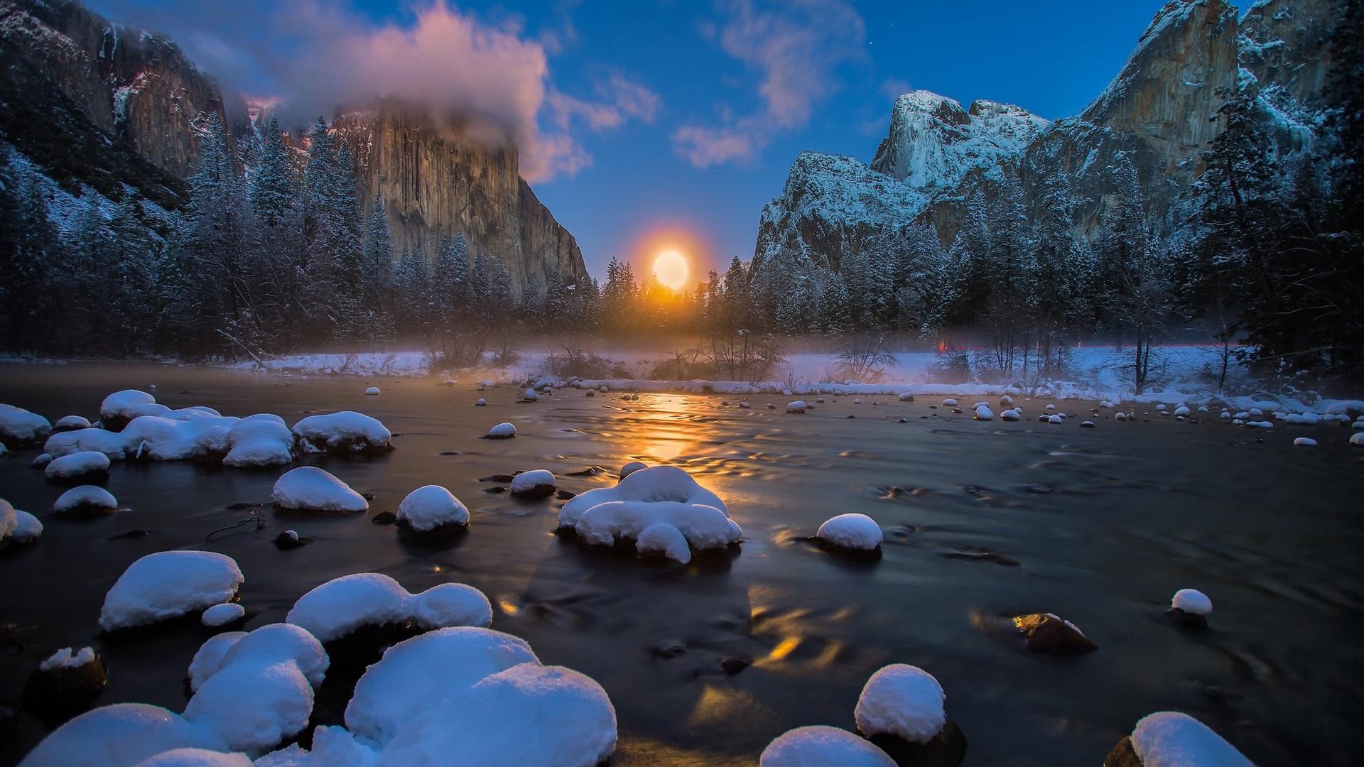 Wallpaper USA, Yosemite National Park, river, mountains, winter