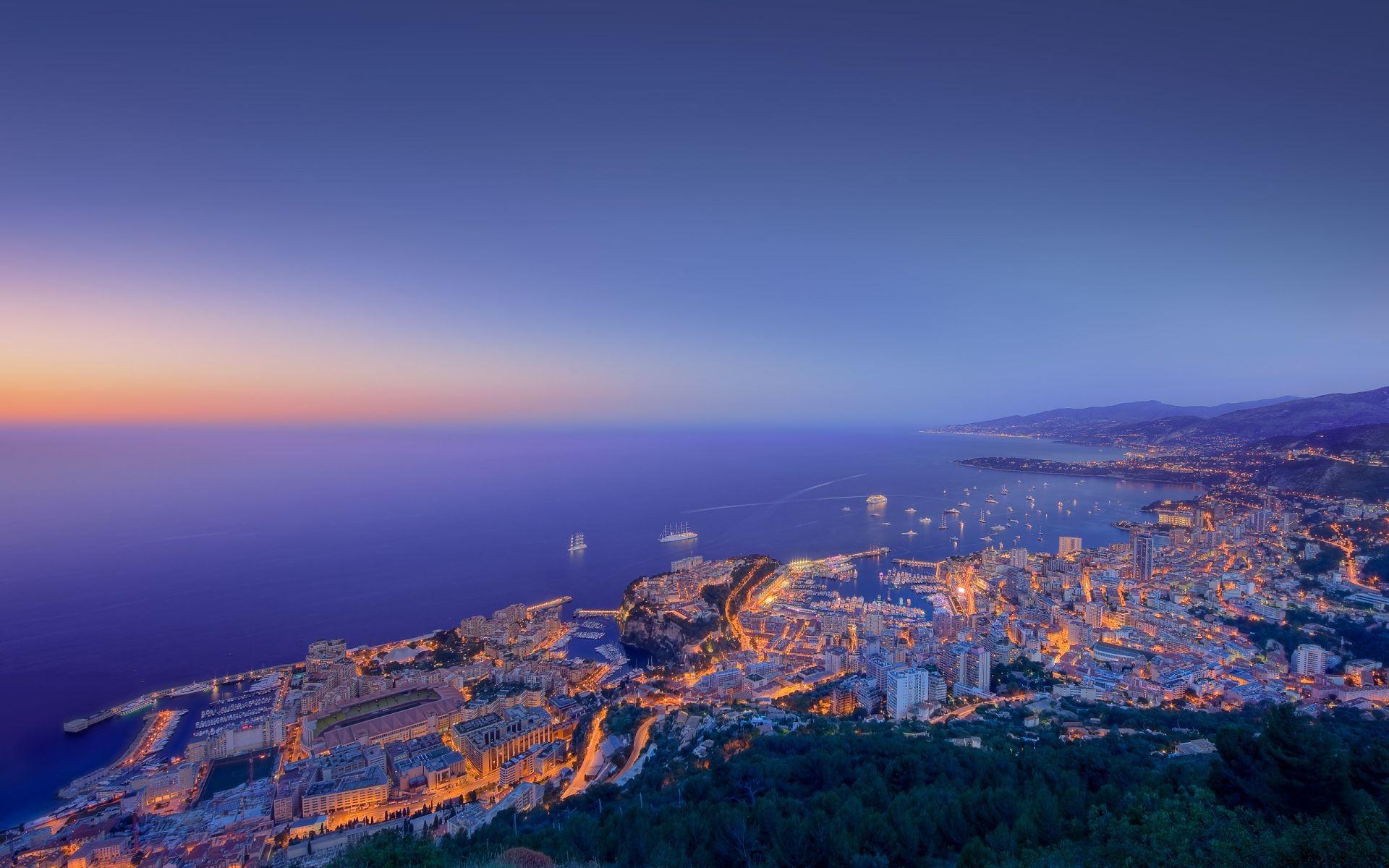 Building lights ships Monaco coast of the sunset sea