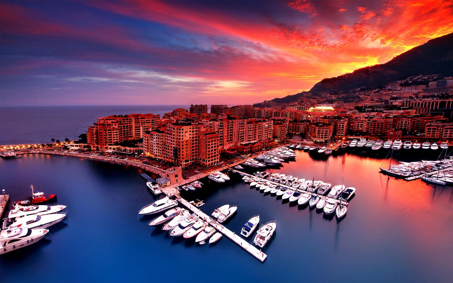 Wallpaper Monaco, sunset, city, house, bay, boats 1920x1200 HD