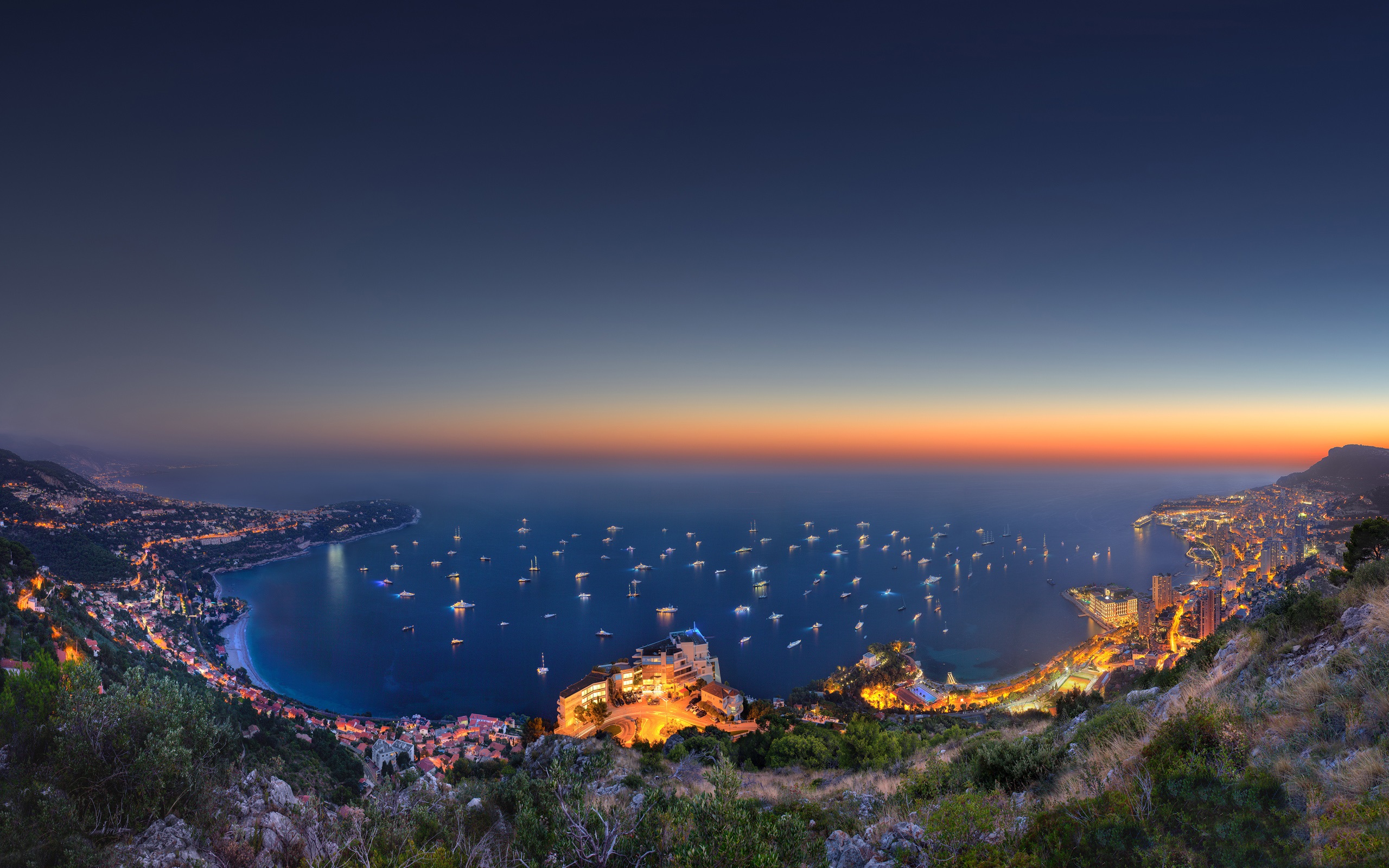 Monaco, city, sea, hill, evening, lights, mountain, boats, house