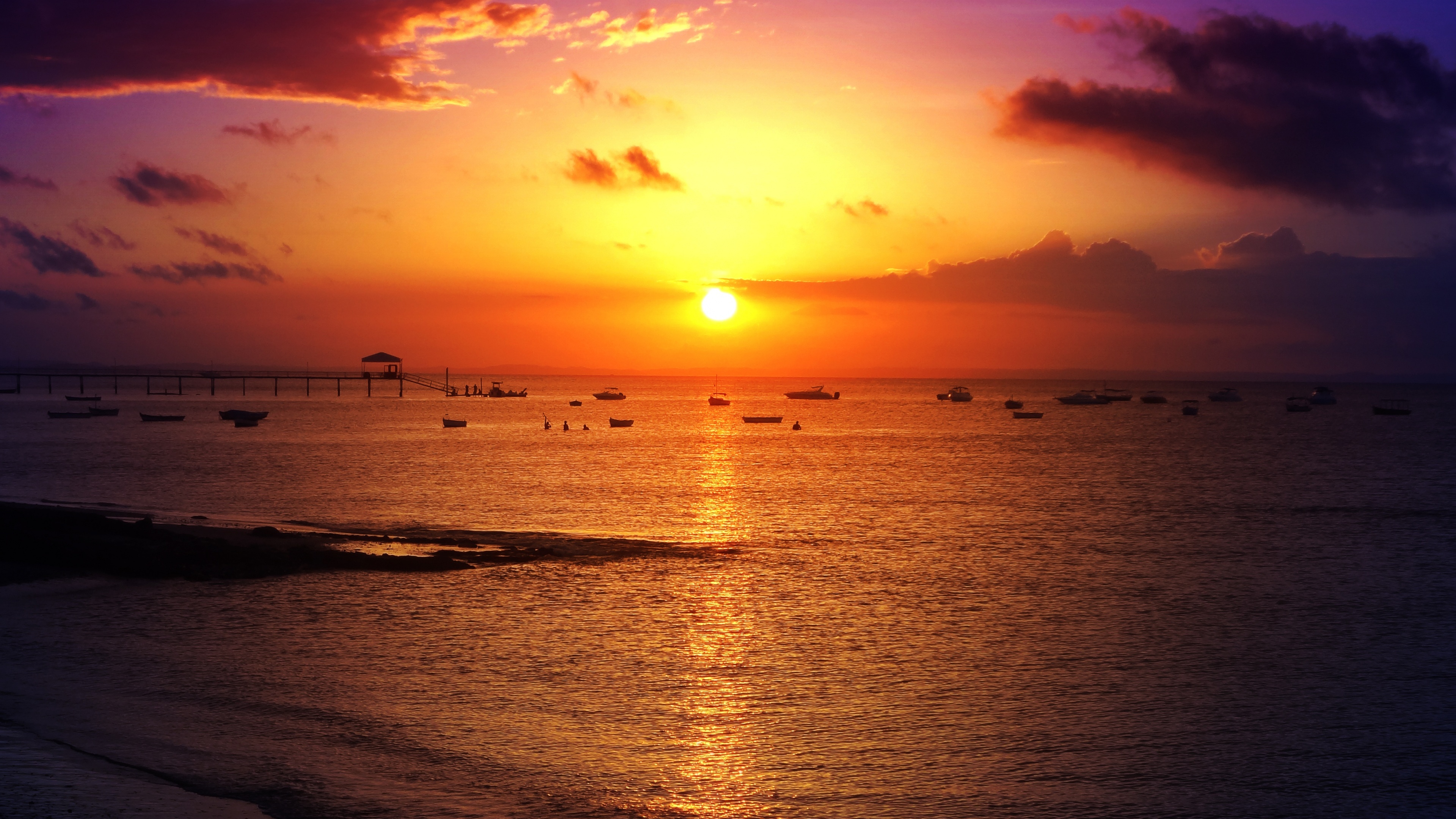 Wallpaper Sunset, Seascape, Beach, Fishing boats, Salvador, 4K