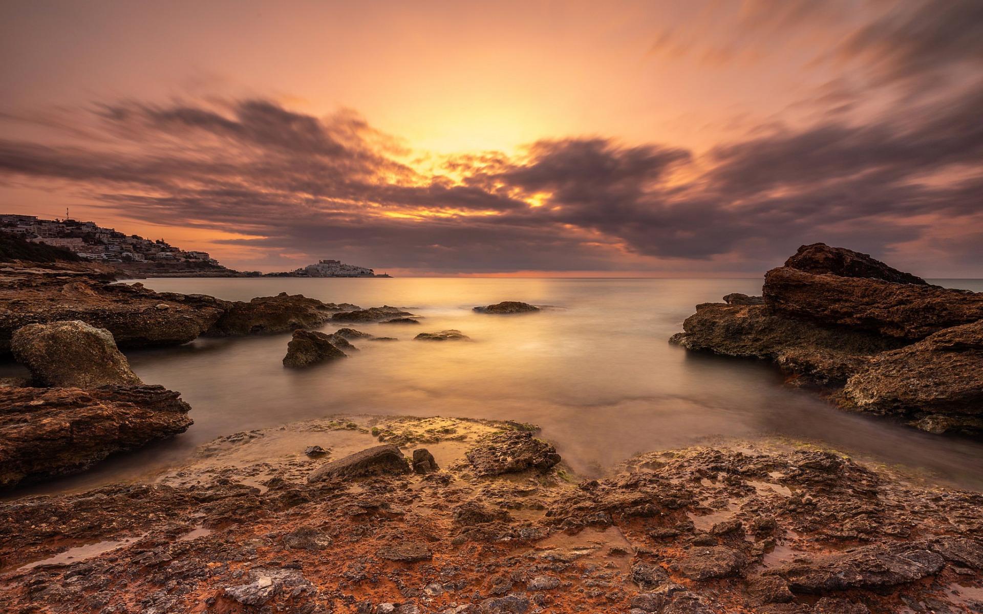 Download wallpaper Mediterranean Sea, coast, sunset, beach, rocks