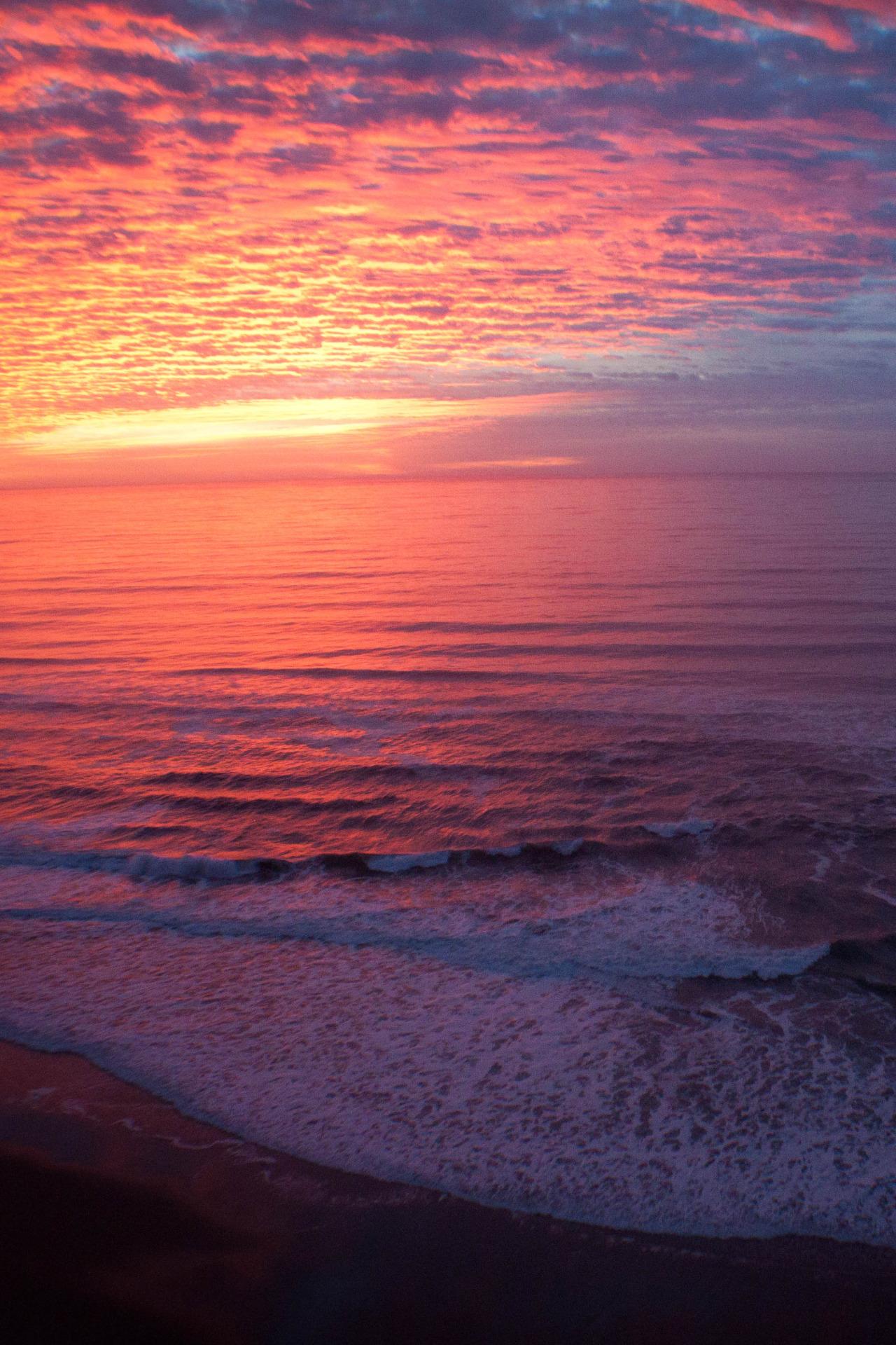 Sunset, beach, sea, orange clouds, sea waves, dark, 1080x1920