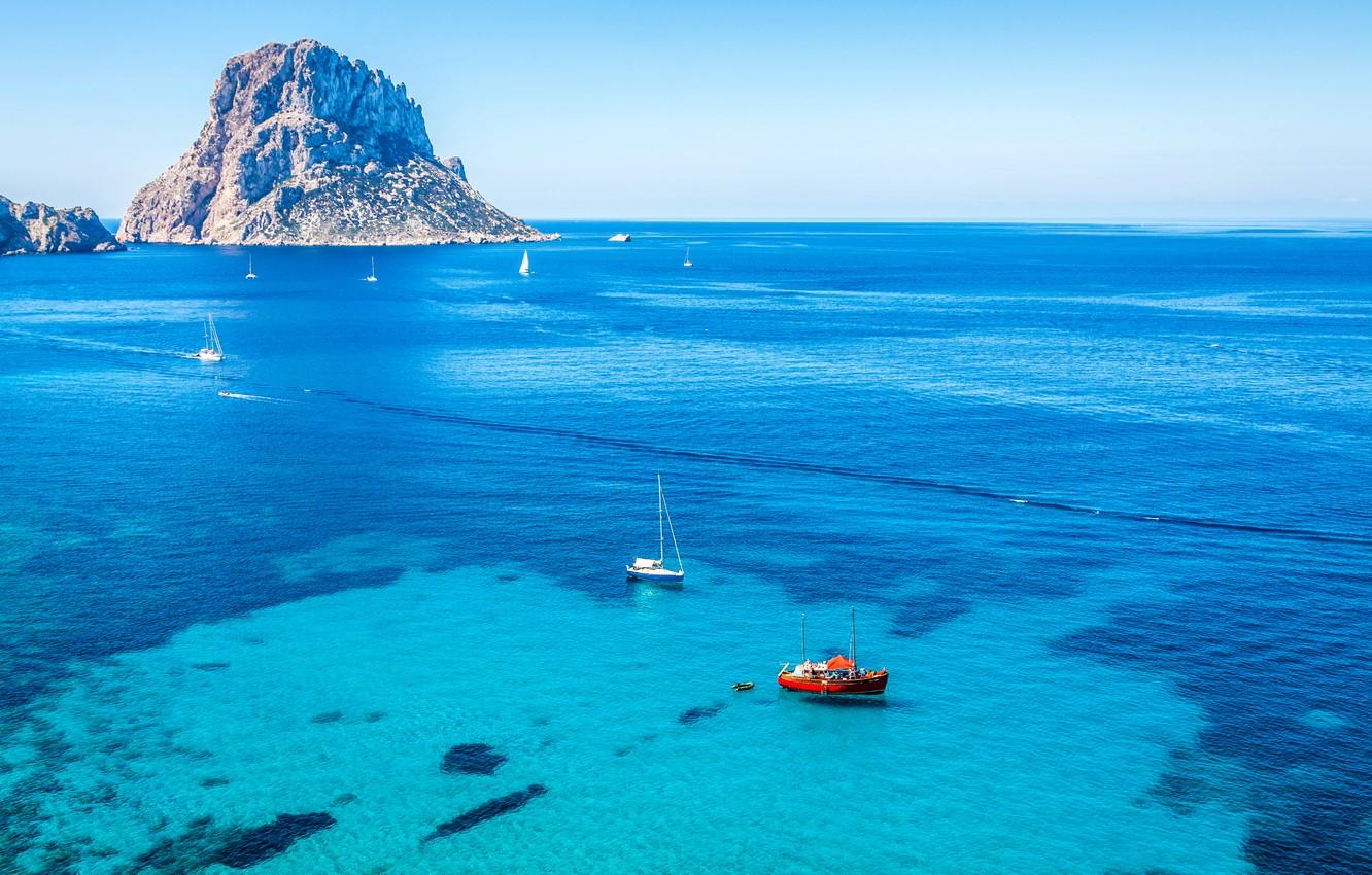 Wallpaper sea, rocks, yachts, horizon, Spain, Ibiza image