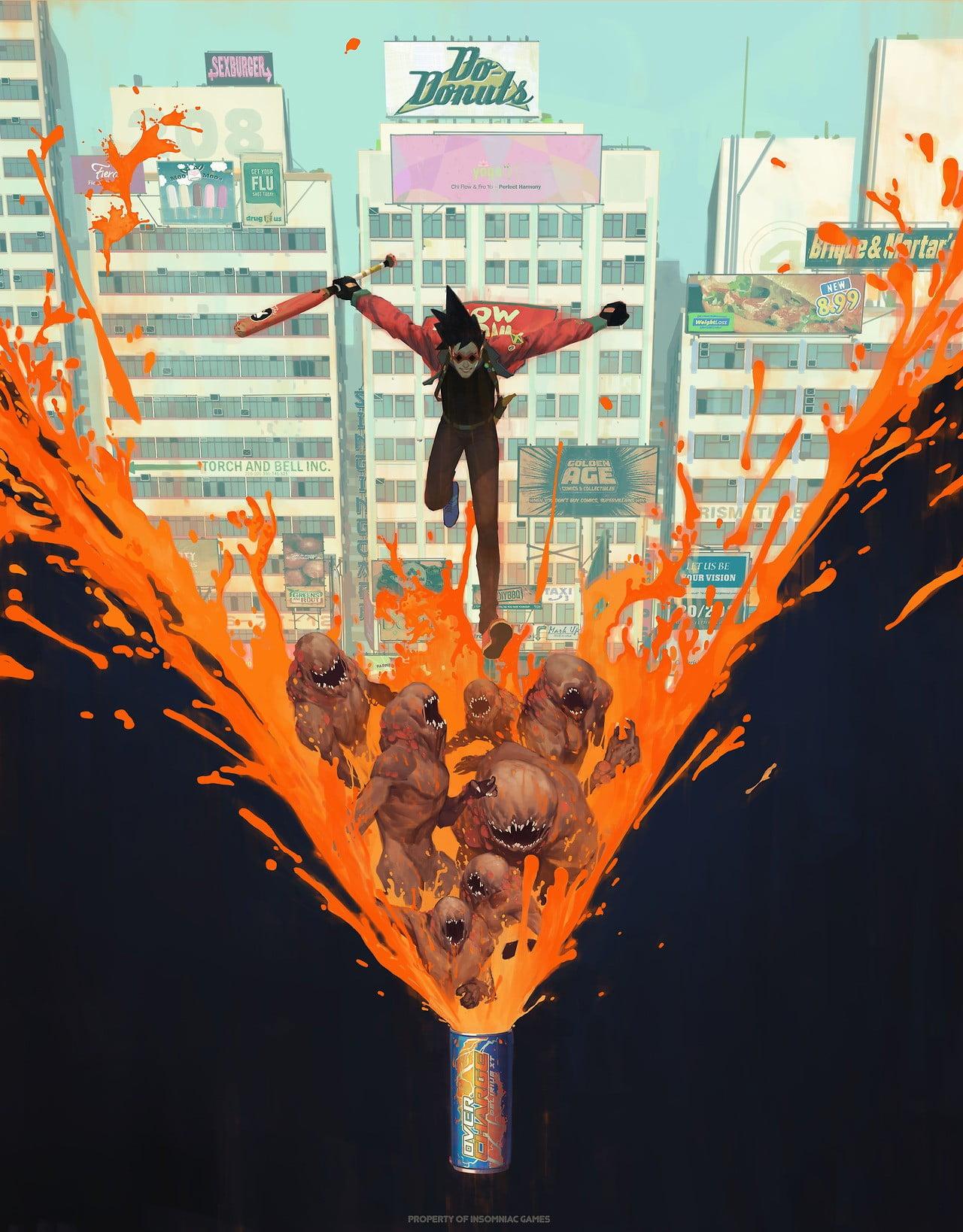 Man carrying baseball bat anime character, Sunset Overdrive, Xbox