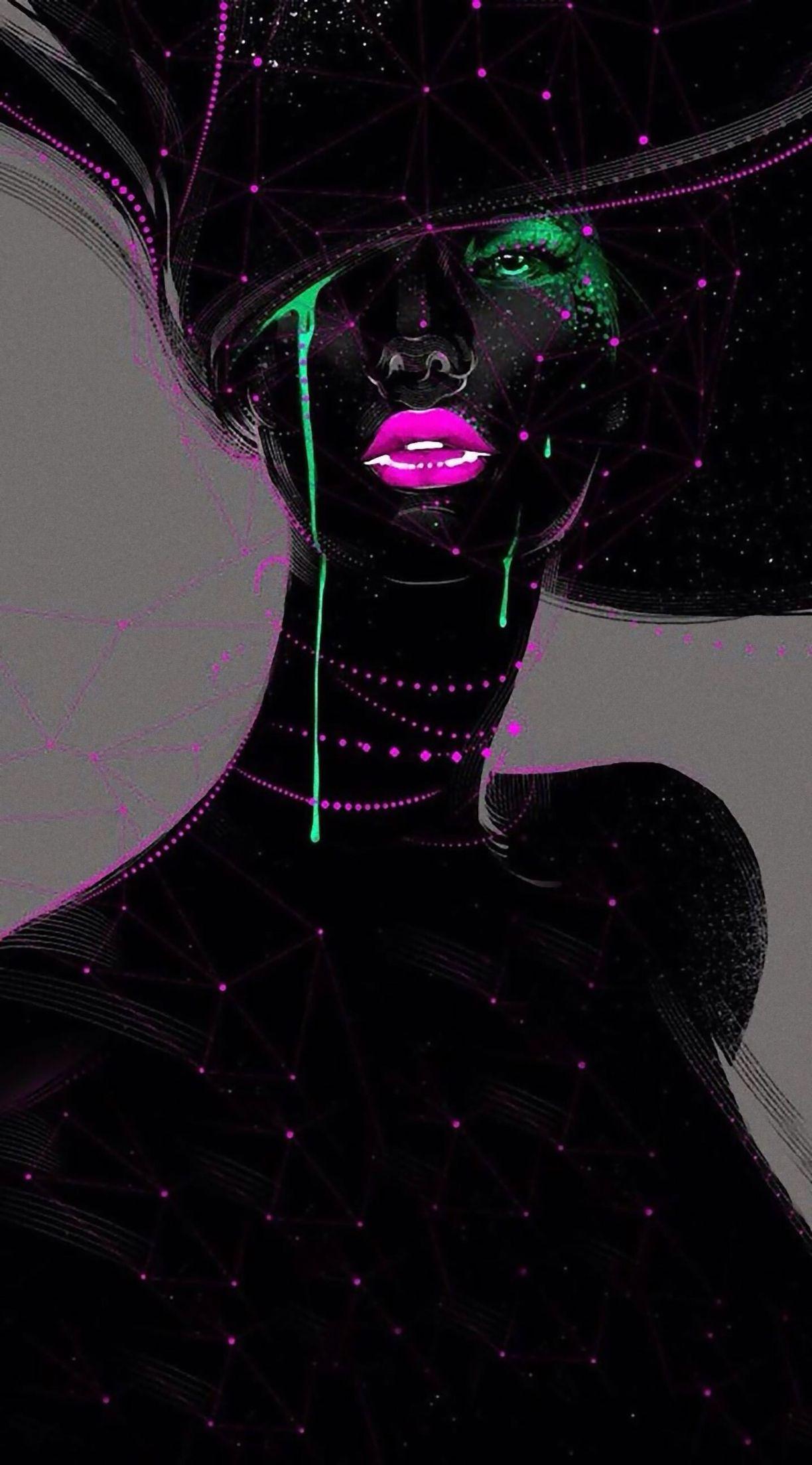 Woman covered in black paint & neon pink green eyes & neon pink