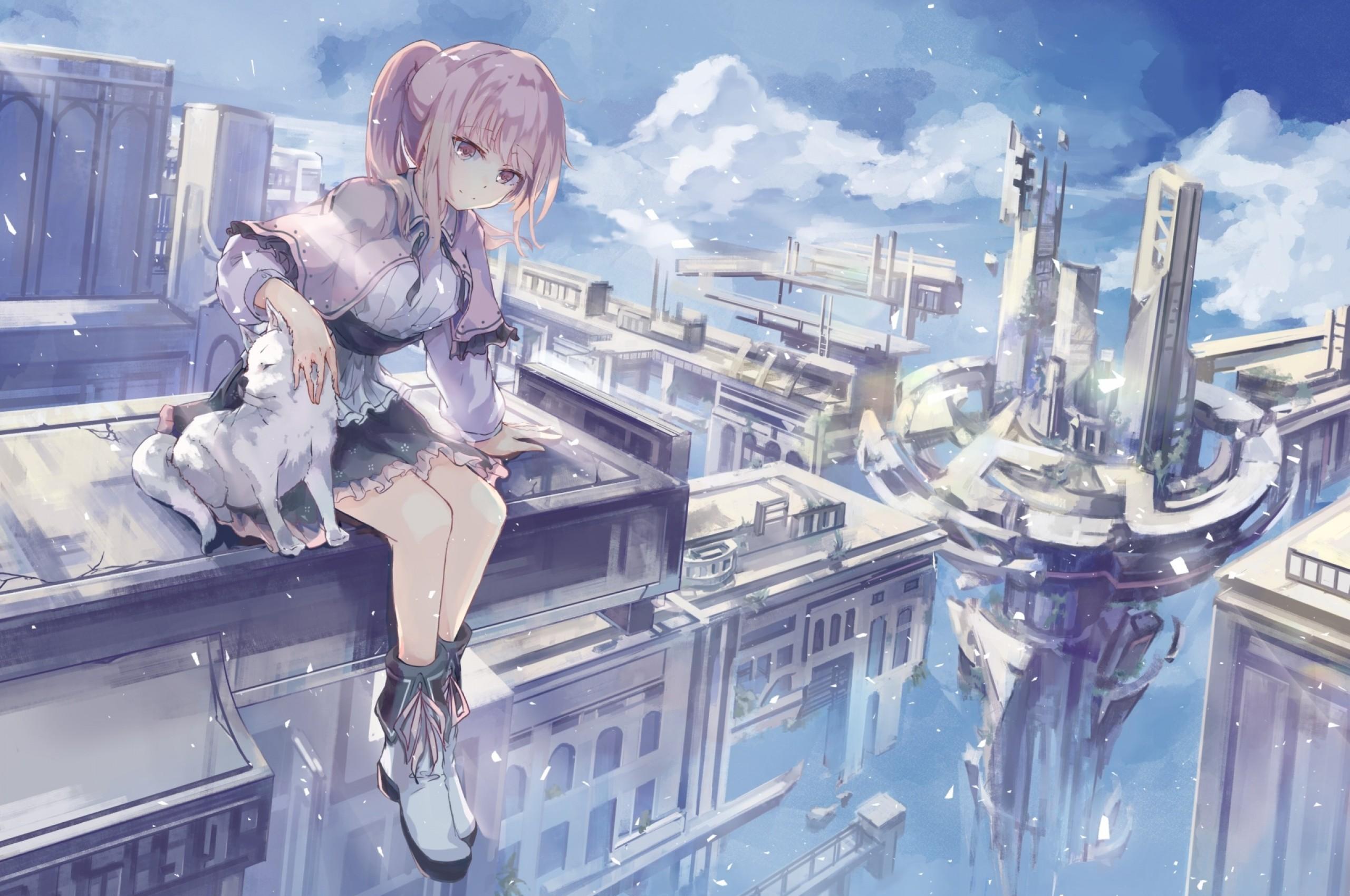 Download 2560x1700 Floating City, Fantasy World, Anime Girl, Pink