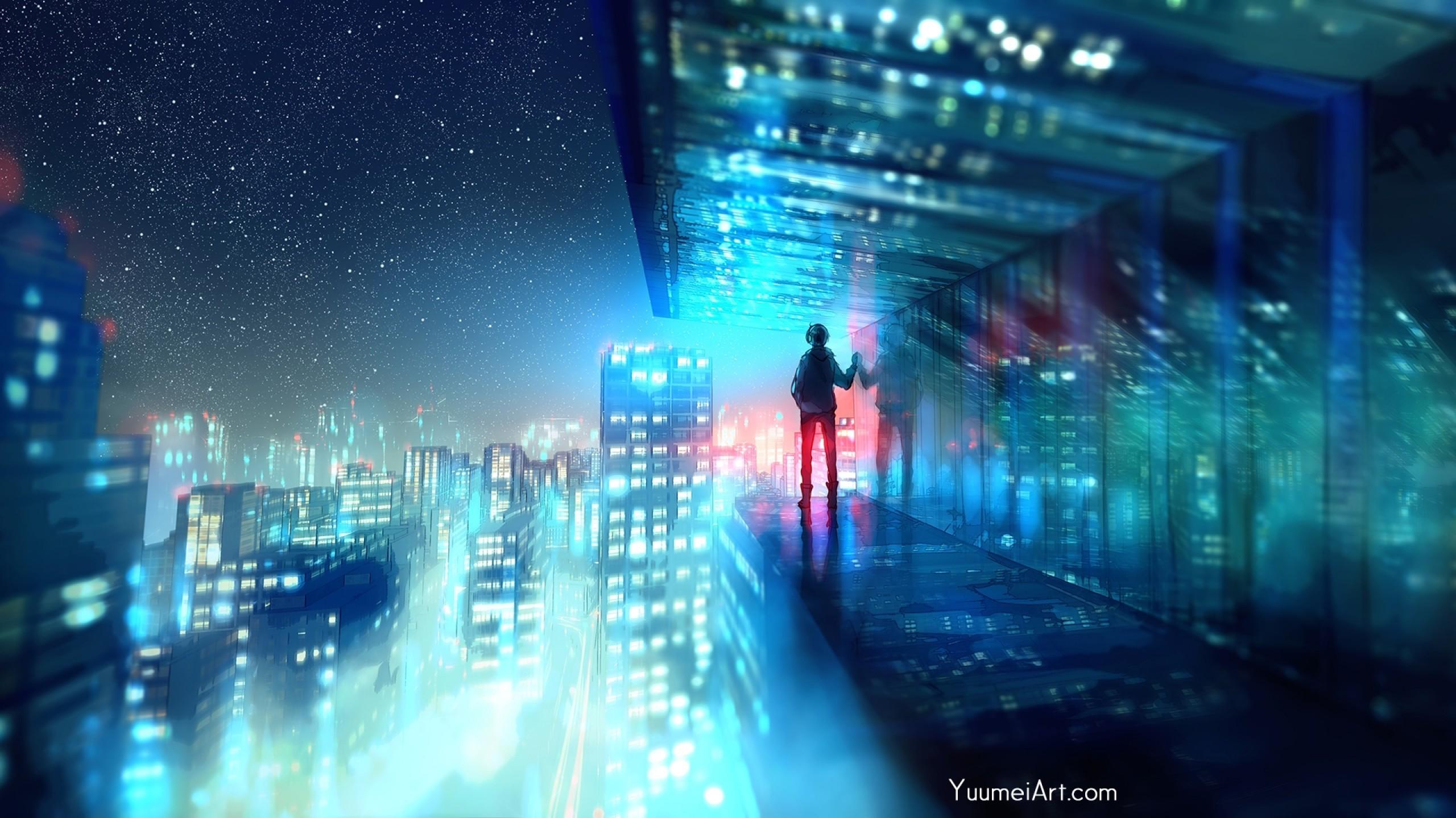 Download 2560x1440 Anime City, Night, Buildings, Cityscape, Boy