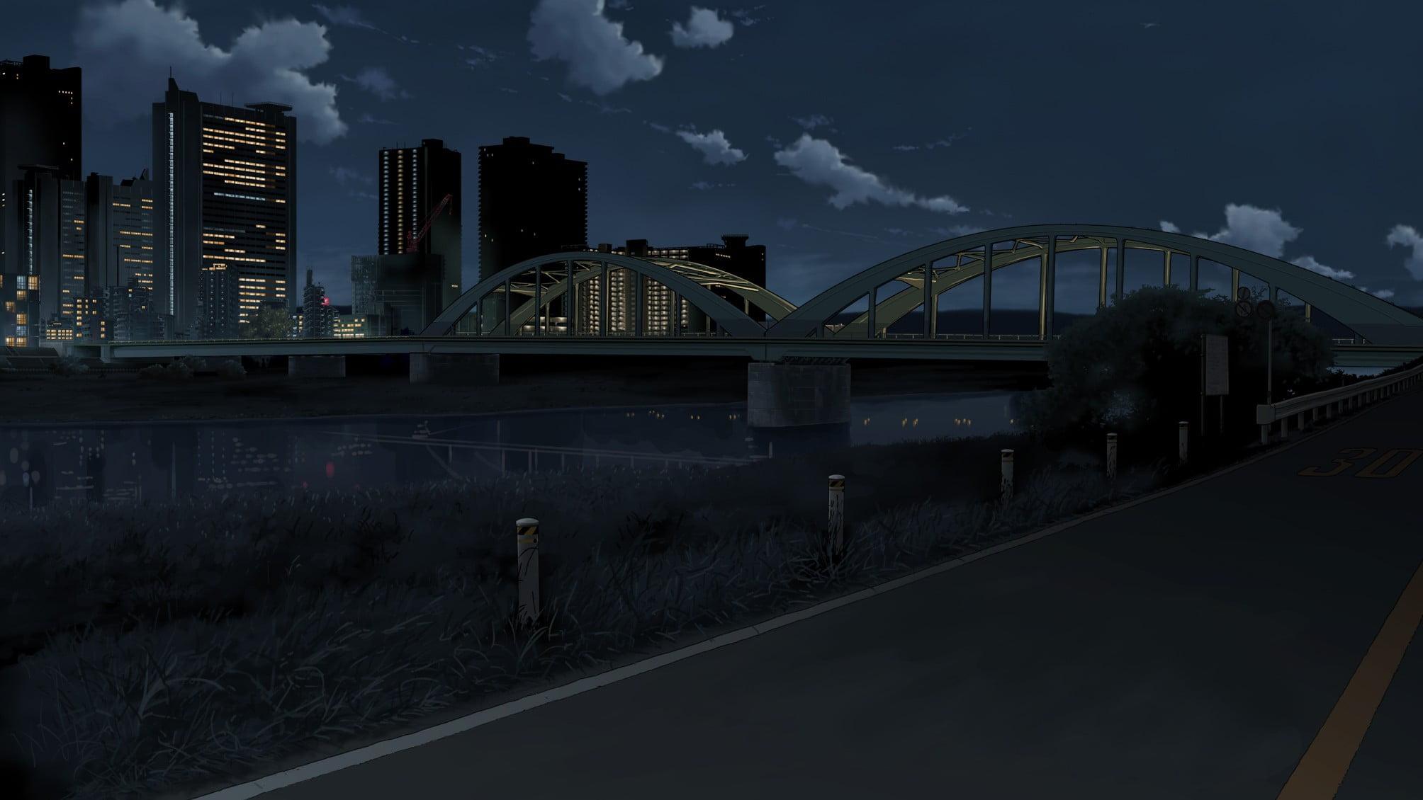 White concrete bridge digital wallpaper, anime, bridge, city