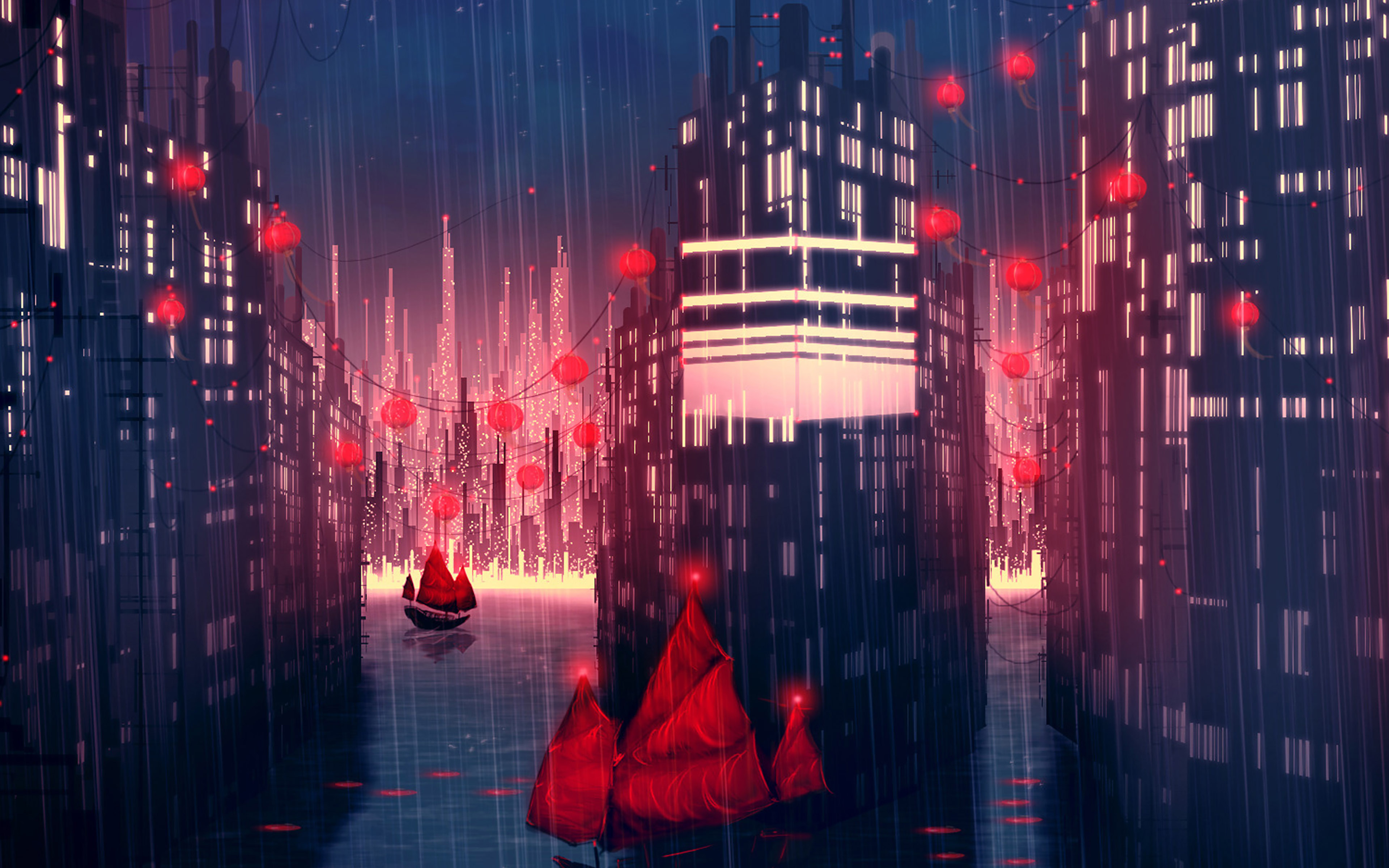 Rainy Anime City Art Illust Wallpaperpapers.co