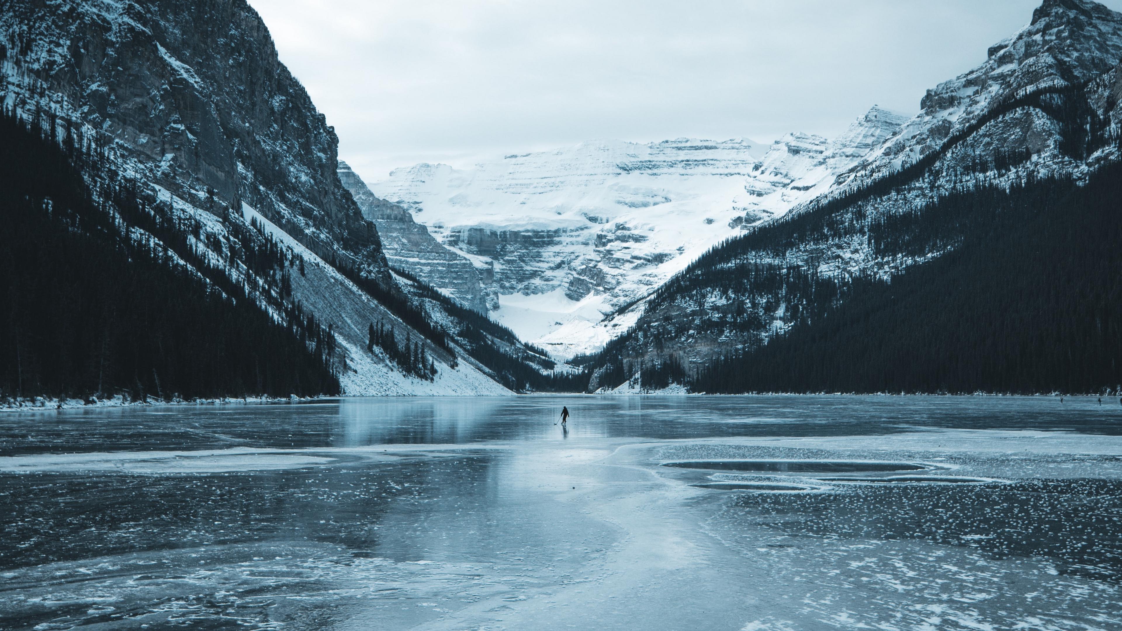 Download wallpaper 3840x2160 lake, mountains, ice, frozen, snow