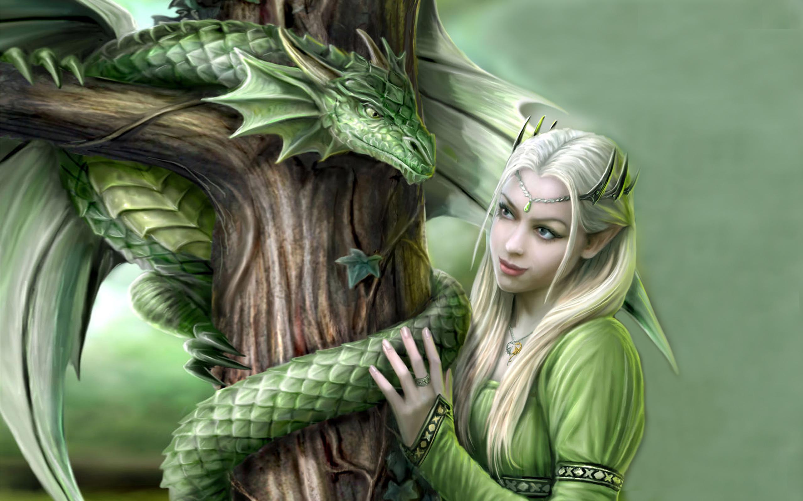 Green Dragon And Princess Fantasy Digital Art HD Desktop Wallpaper