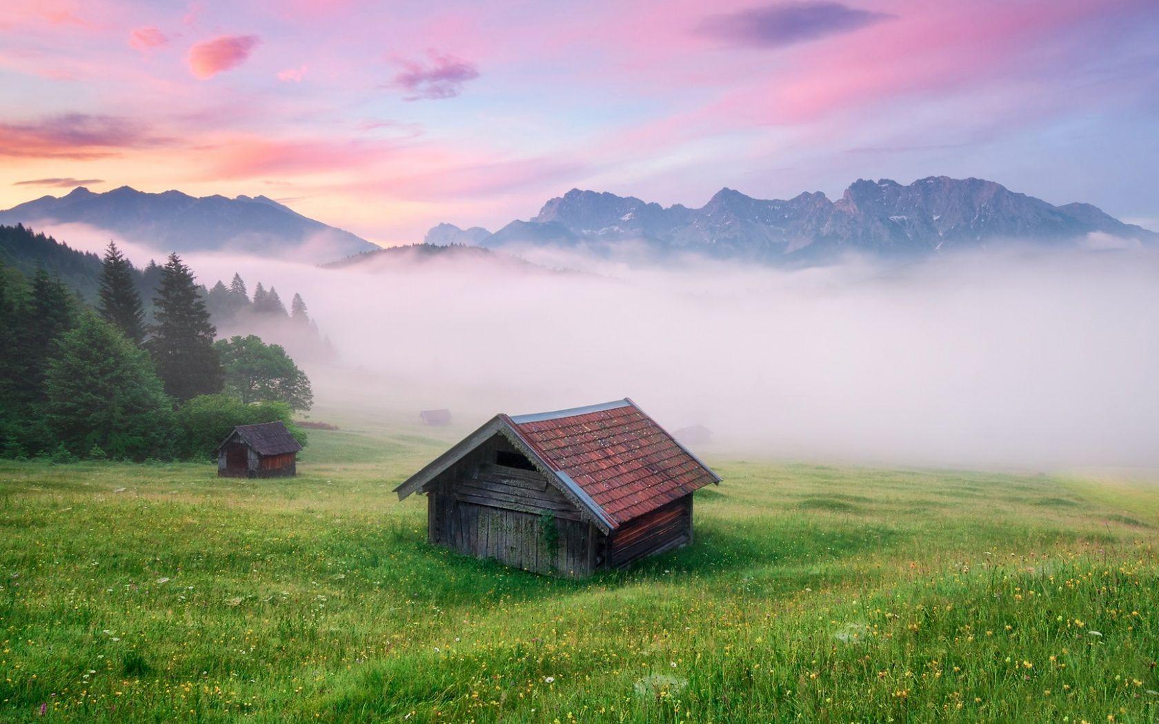 Mountains Mist Cottage Alps Meadow Germany wallpaperx1050