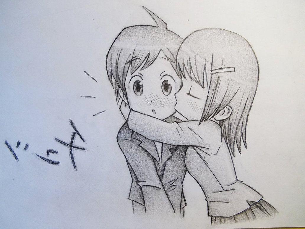 drawings of a girl and boy kissing