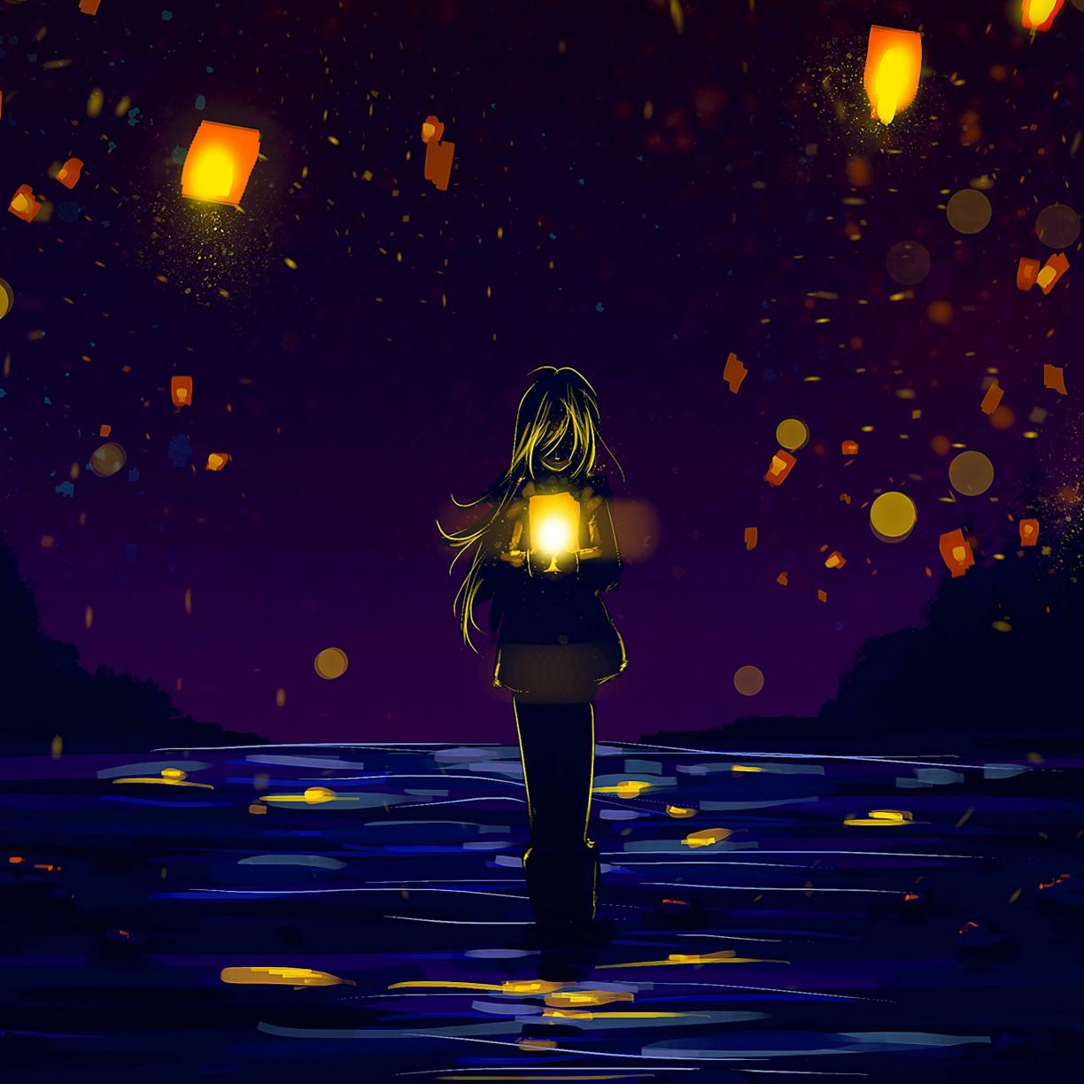 Desktop wallpaper anime girl, lanterns, silhouette, lonely, night