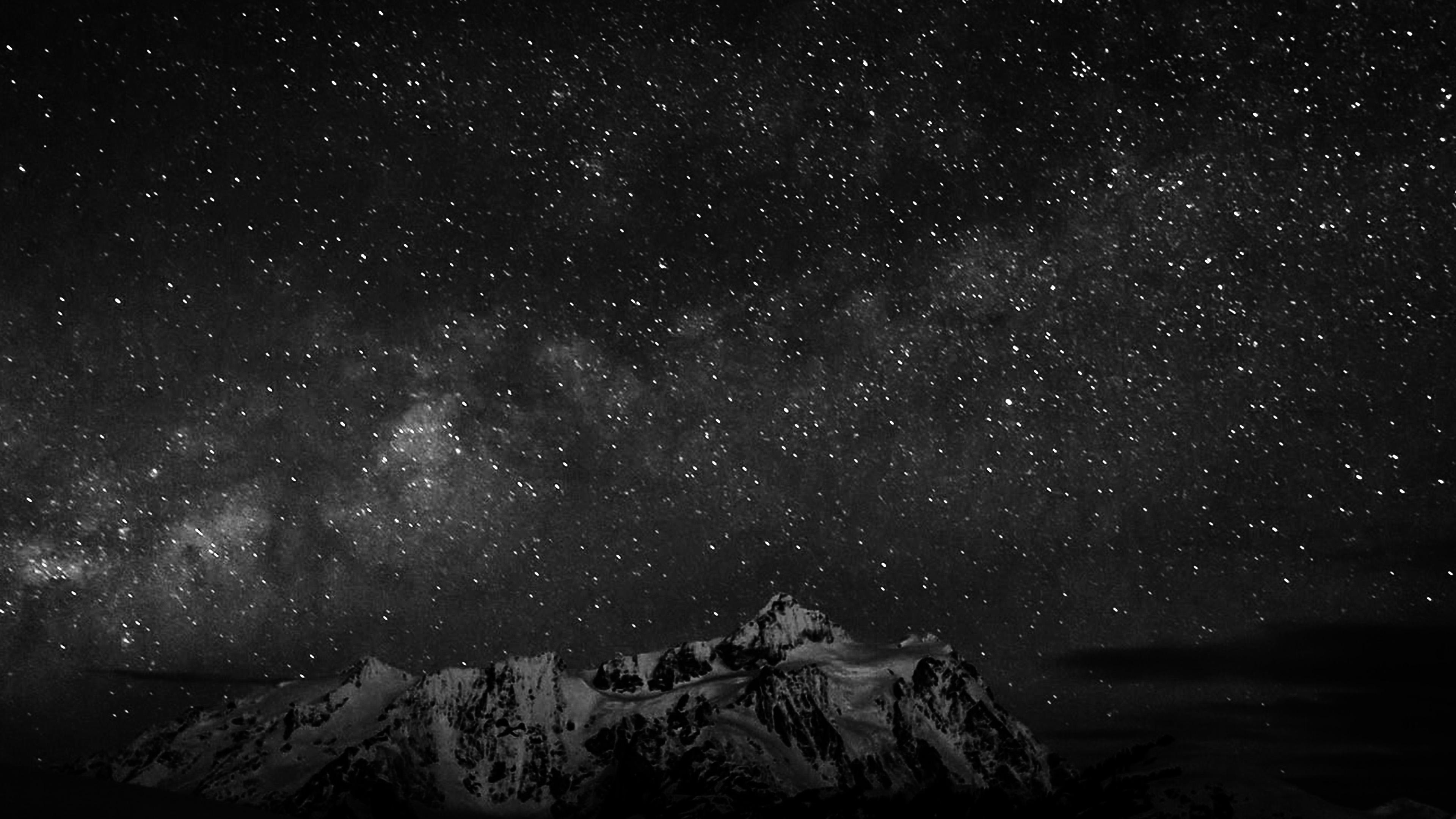 Starry Night Sky Mountain Nature Bw Dark Wallpaper