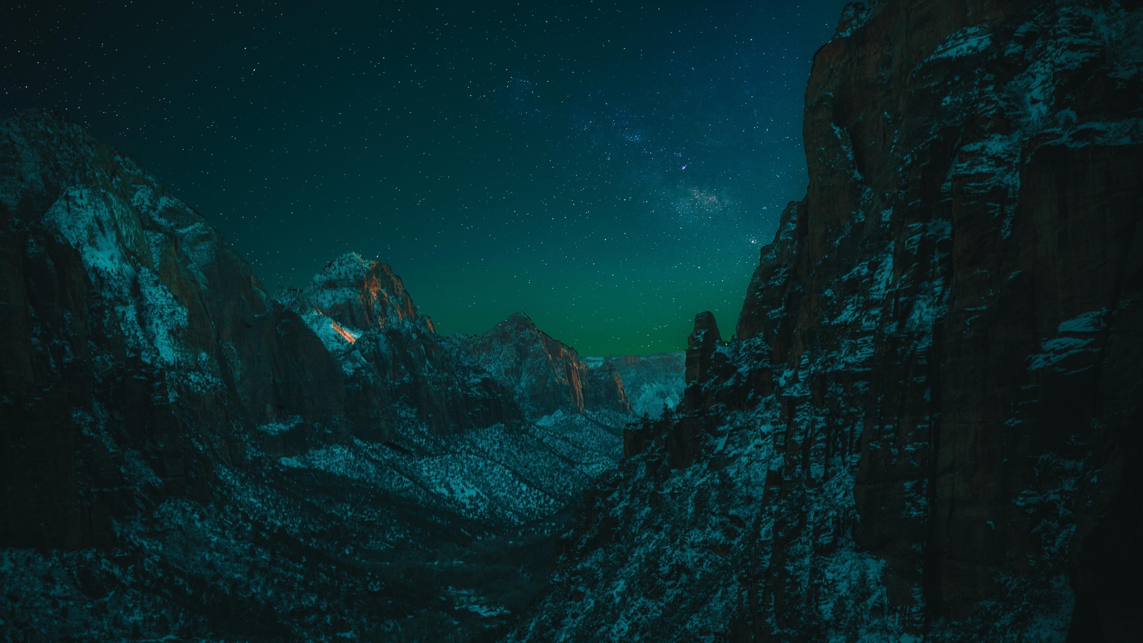 Landscape Forest Mountains in Night Sky 4K Wallpaper, HD