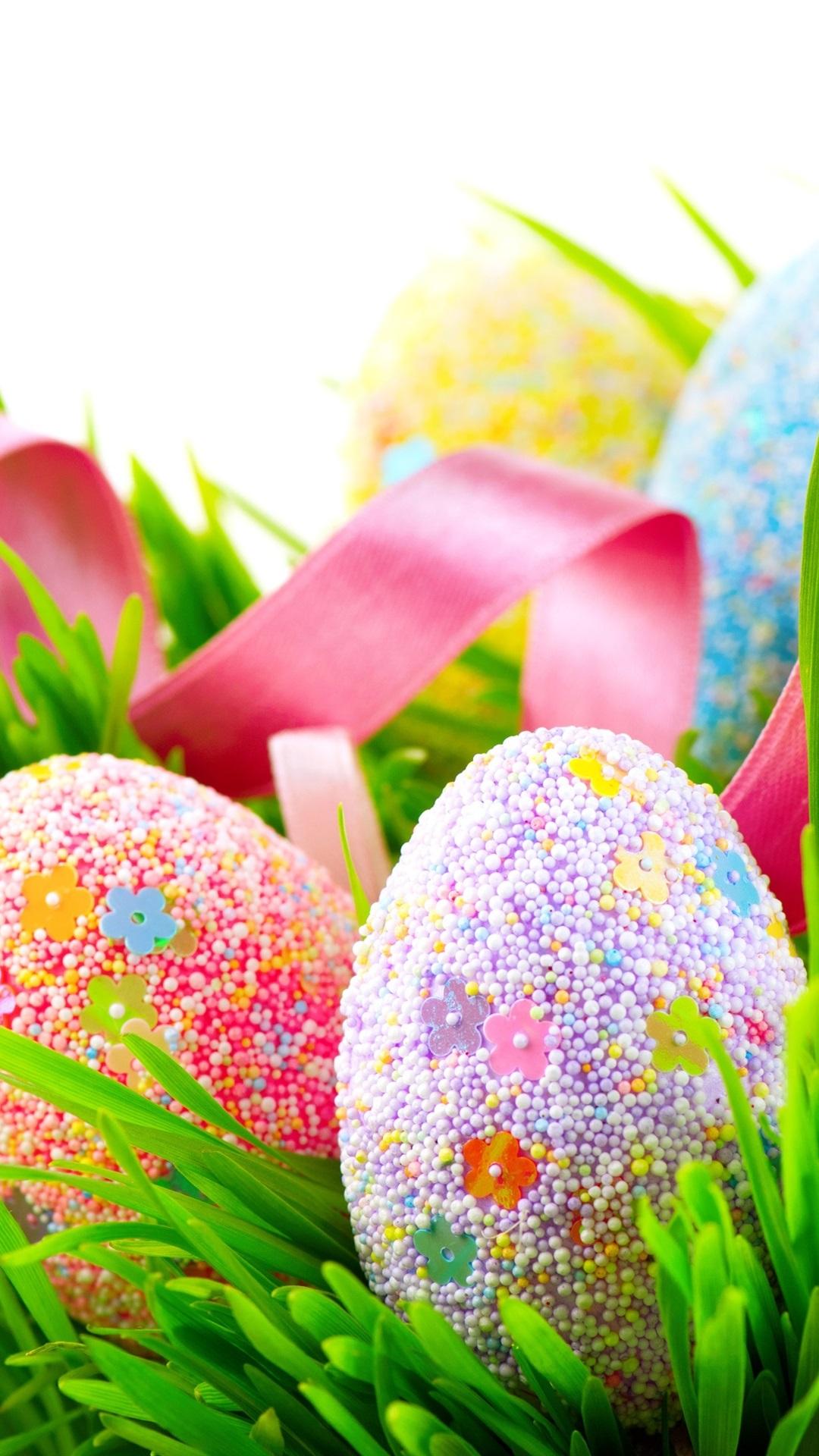 Colorful eggs, many balls covered, grass, spring, Easter 1080x1920