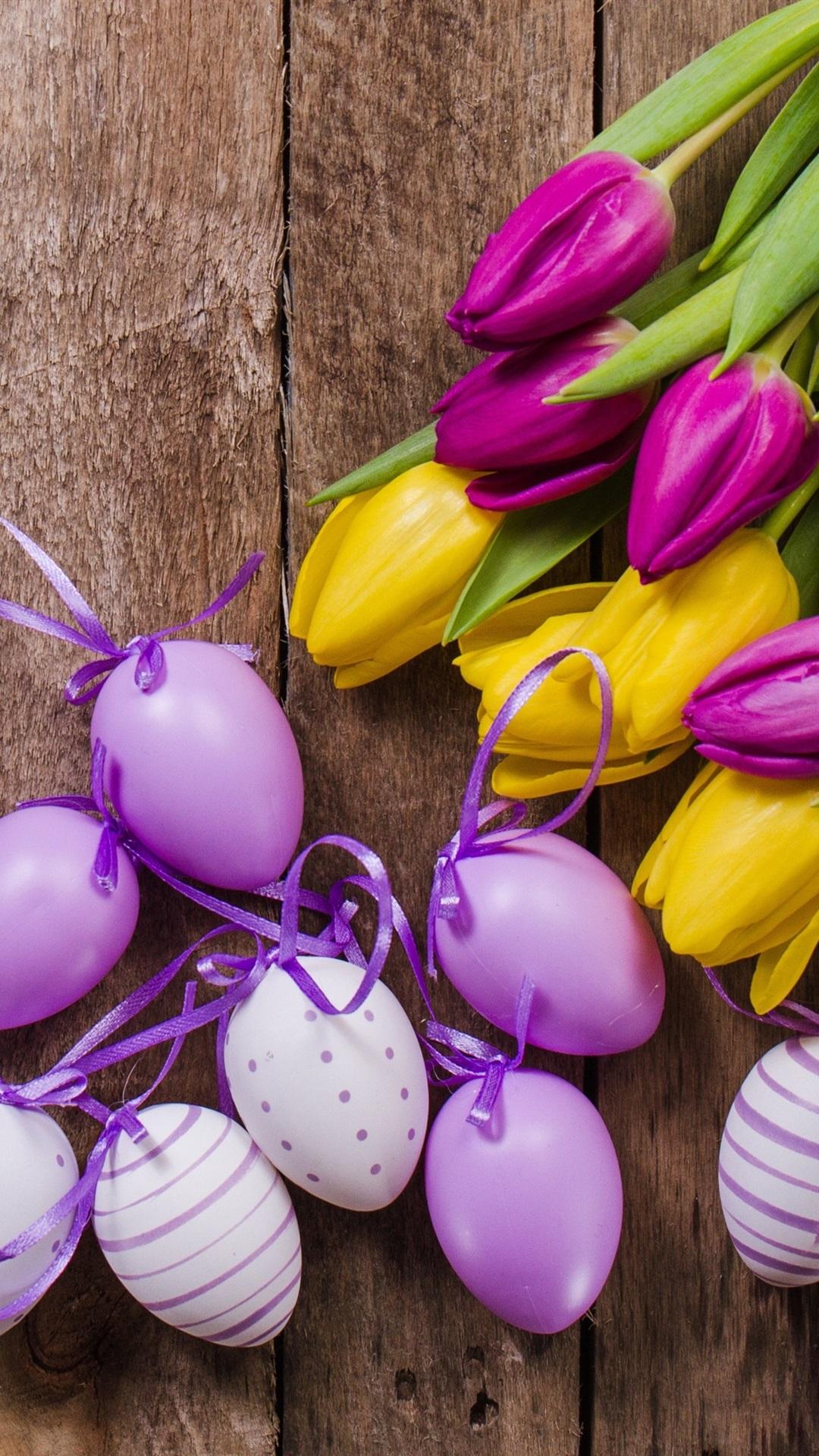 Yellow And Purple Tulips, Eggs, Easter 1080x1920 IPhone 8 7 6 6S