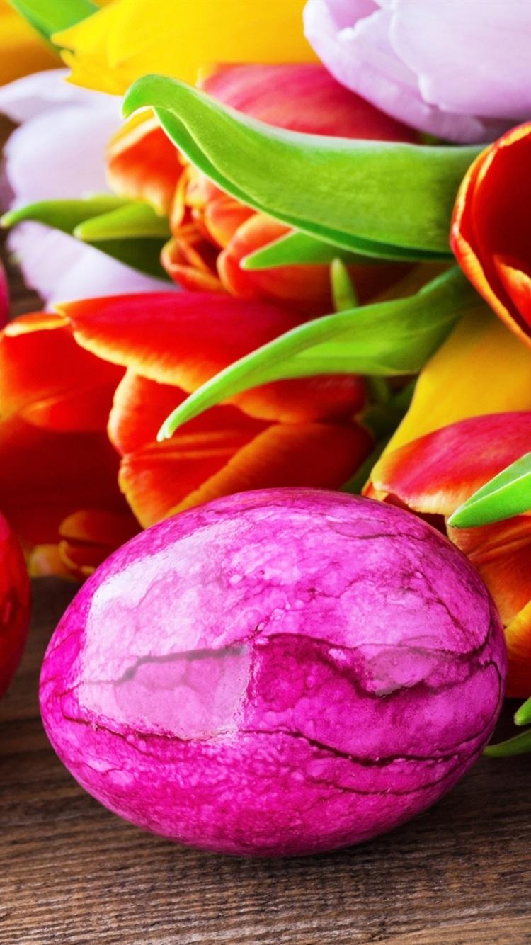Easter Eggs, Happy Easter, Tulip Flowers 750x1334 IPhone 8 7 6 6S