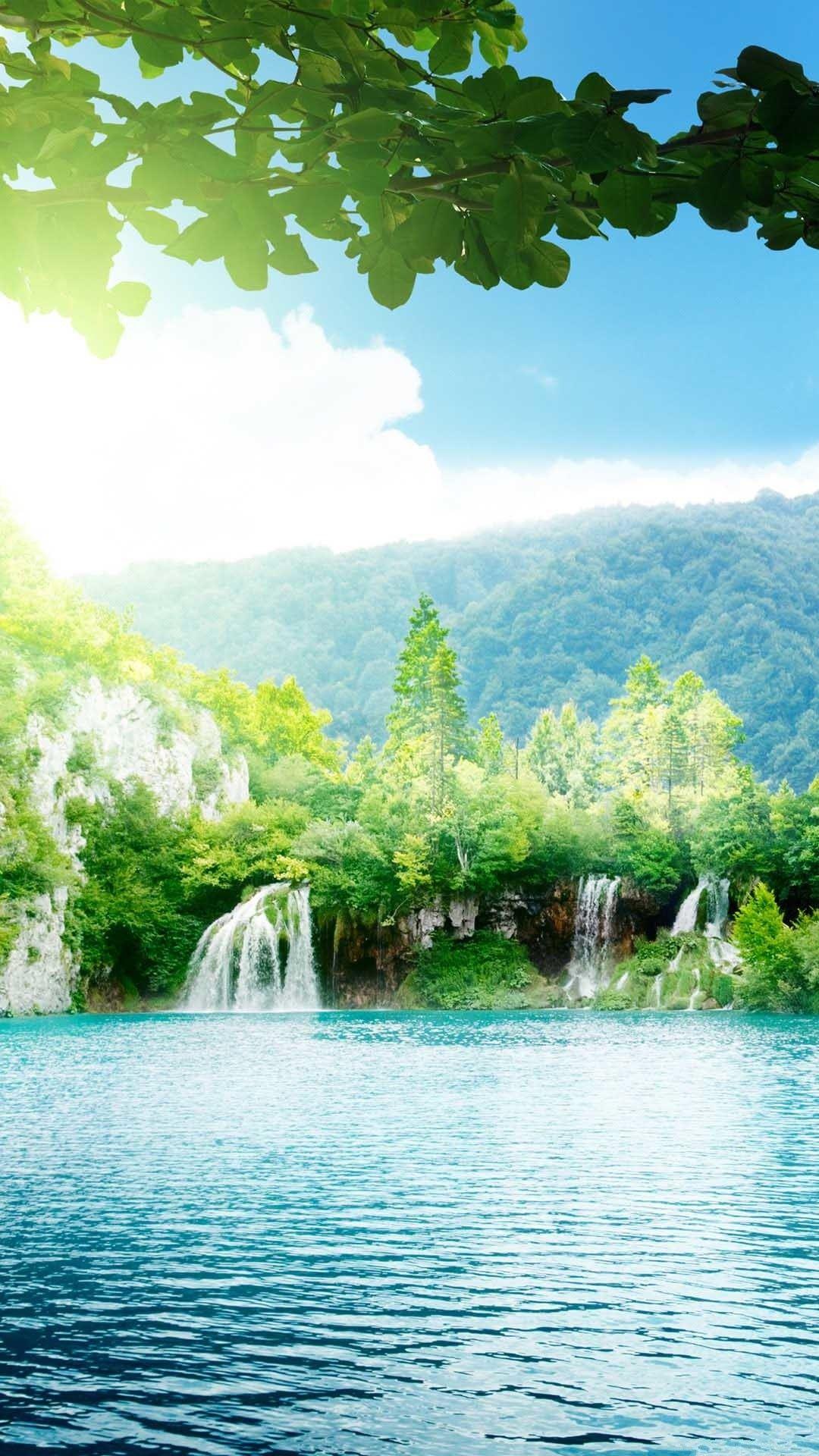 Enchanting Lake Waterfalls Blue Sky Android Wallpaper free download